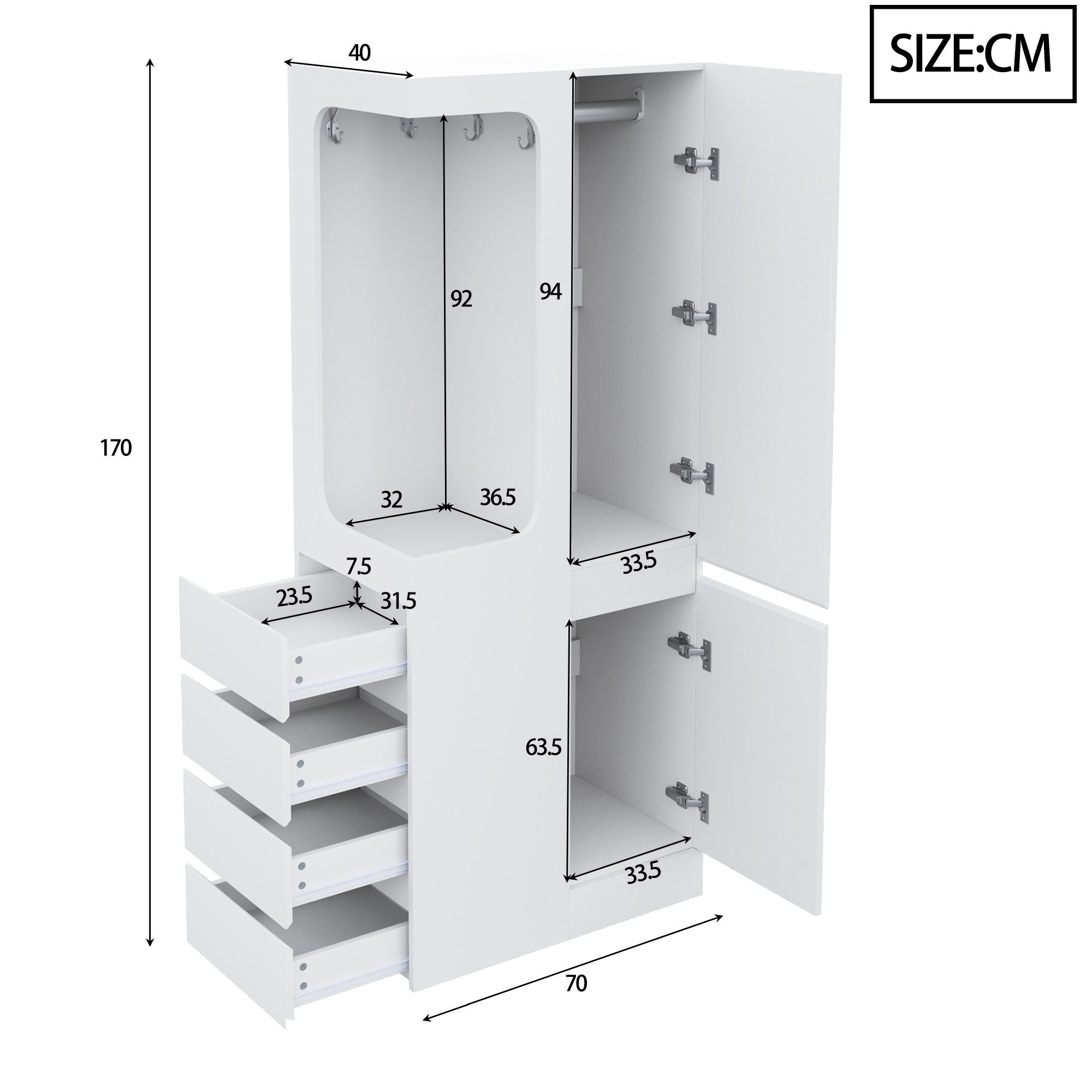 Odikalo Kleiderschrank Eckkleiderschrank mit Schubladen, einfache Aufbewahrung (Kleiderschrank 70 x 40 x 170 cm, mit Schubladen und Staufächern, offenem Kleider – Bild 4 von 5