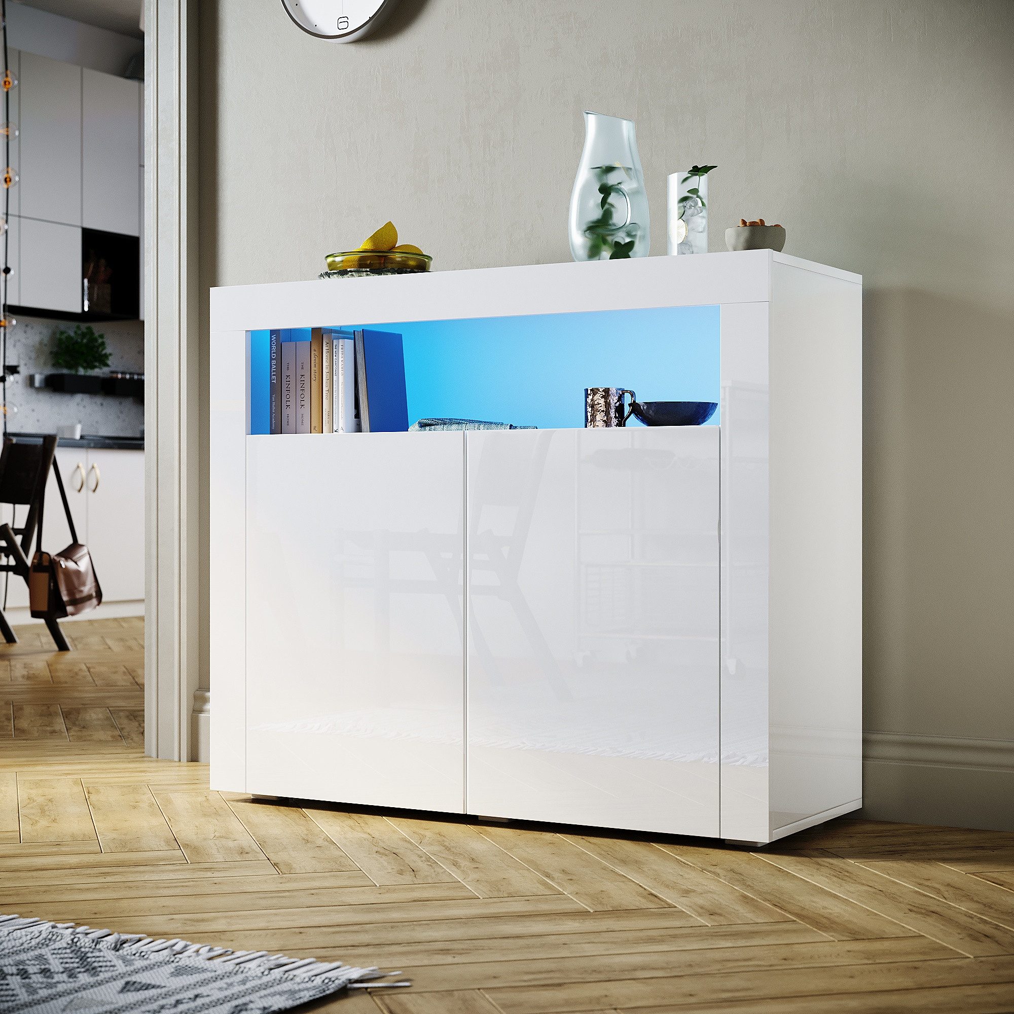 SONNI Kommode Sideboard Weiß Hochglanz mit LED Beleuchtung Kommode, Wohnzimmer