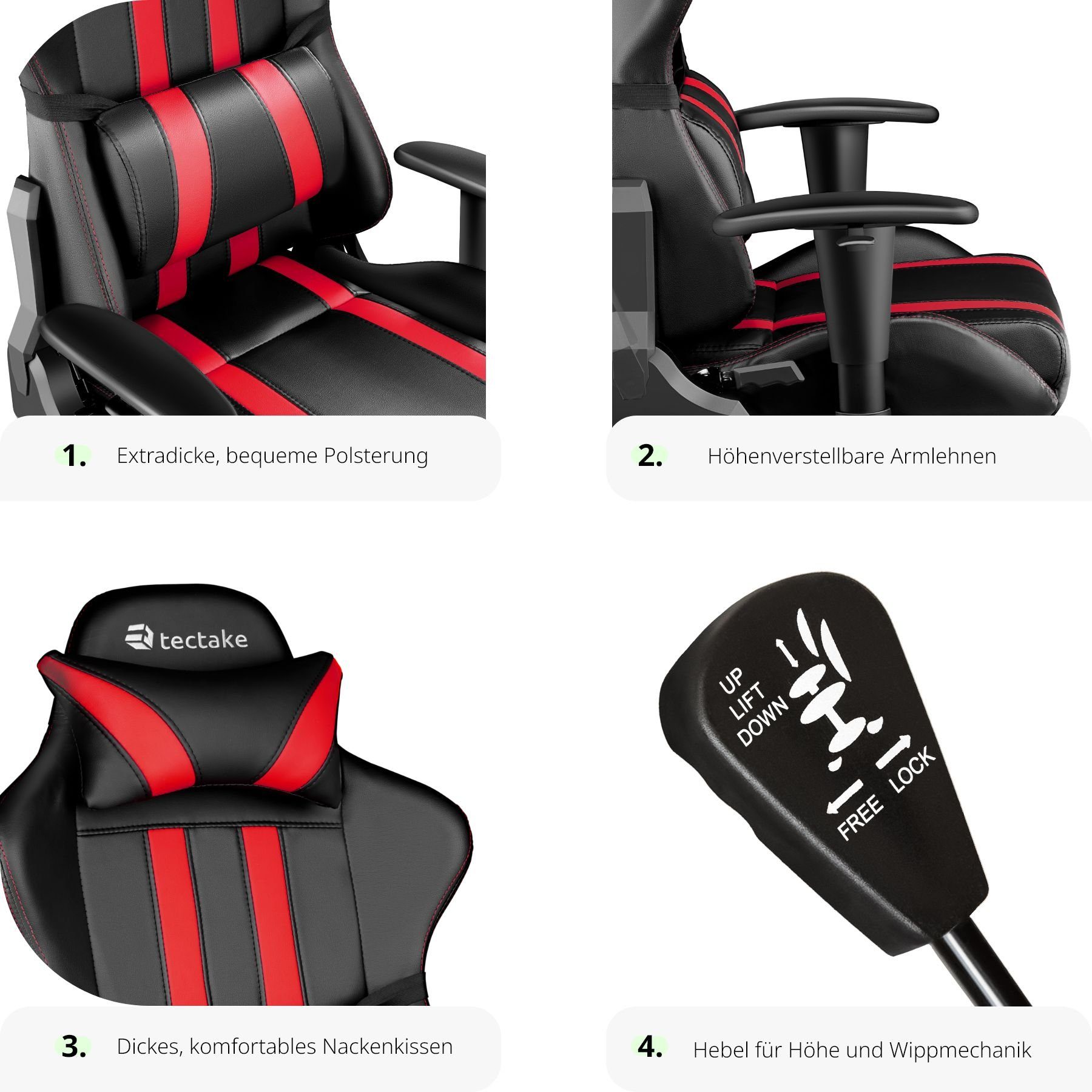 Streifen mit 105° 1 Bürostuhl Rückenlehne Premium St), schwarz/rot bis (1er, verstellbar Racing Gaming-Stuhl tectake