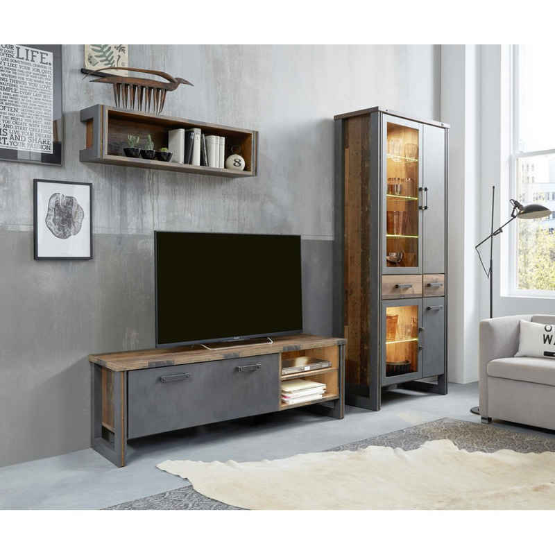 Lomadox TV-Wand »PROVO-19«, (3-tlg), Wohnwand Set Industrial Design mit Beleuchtung in Old Wood Nb. mit Matera anthrazit, B/H/T: ca. 282/212/42 cm