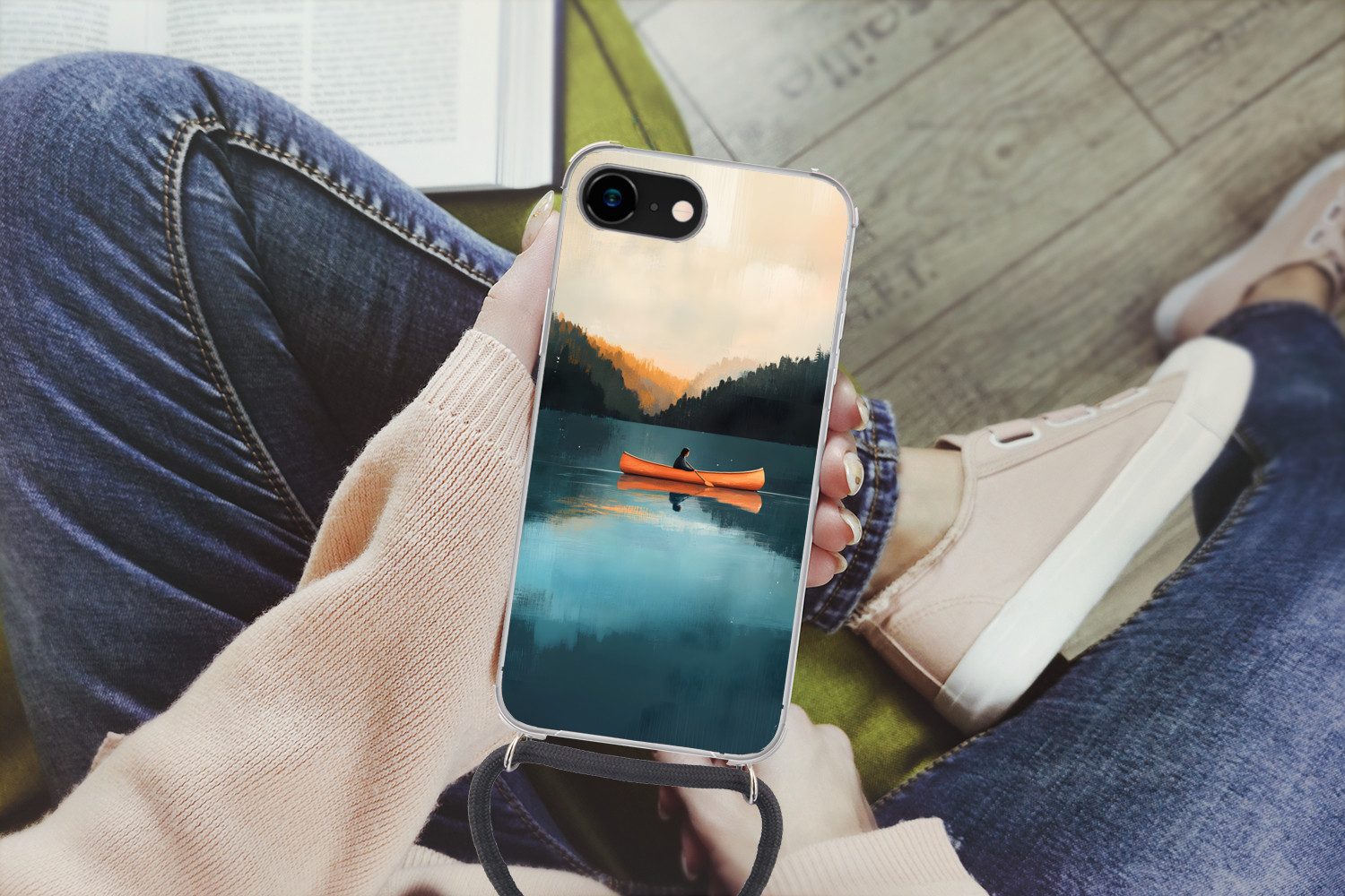 MuchoWow Handyhülle für Apple iPhone 7 Wälder - See - Kanu - Orange, Tragbare Handyhüllen mit Kette zum umhängen, Handykette Handyband