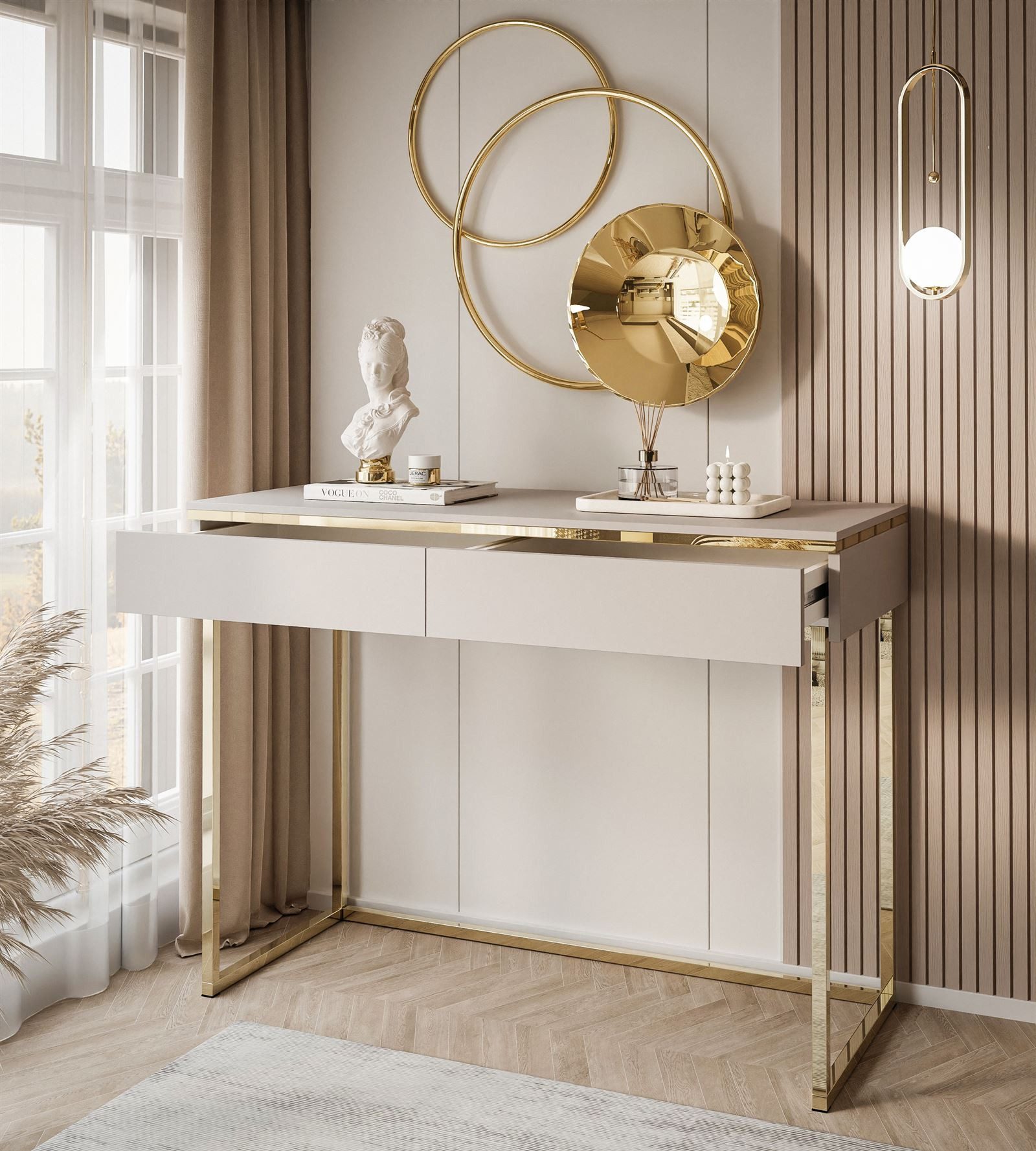 Lookway Schminktisch AURORA GOLD KASCHMIR auf einem goldenen Gestell