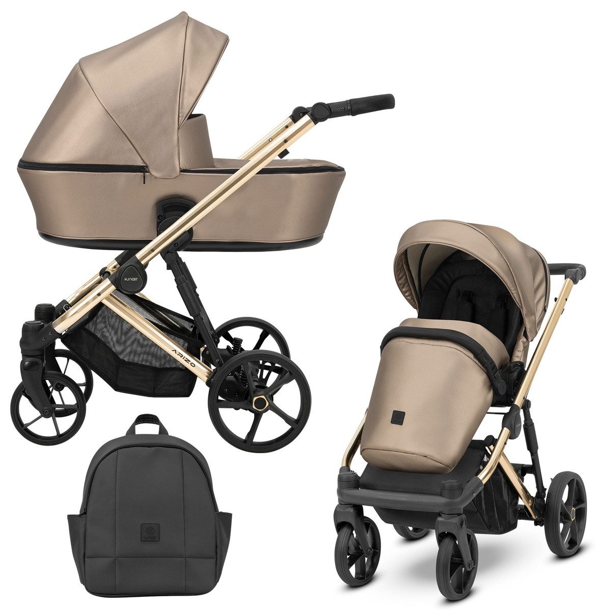 KUNERT Kombi-Kinderwagen ARIZO PREMIUM 2 n1 Öko-Leder Kinderwagen mit goldenem Gestell, 5-Punkt-Gurt, verstellbare Rückenlehne, UV50-Sonnenschutz