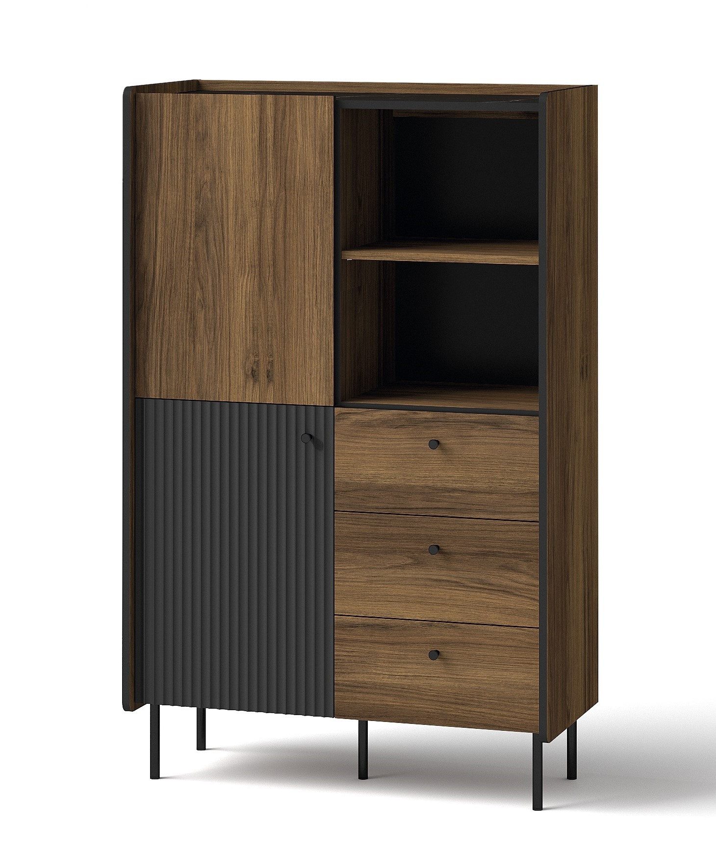 99rooms Highboard Gostin (Sideboard, Highboard, Schubladenkommode), Modern Design, 3 Schubladen, 4 Fächer, 4 Einlegeböden, 2 offene Fächer