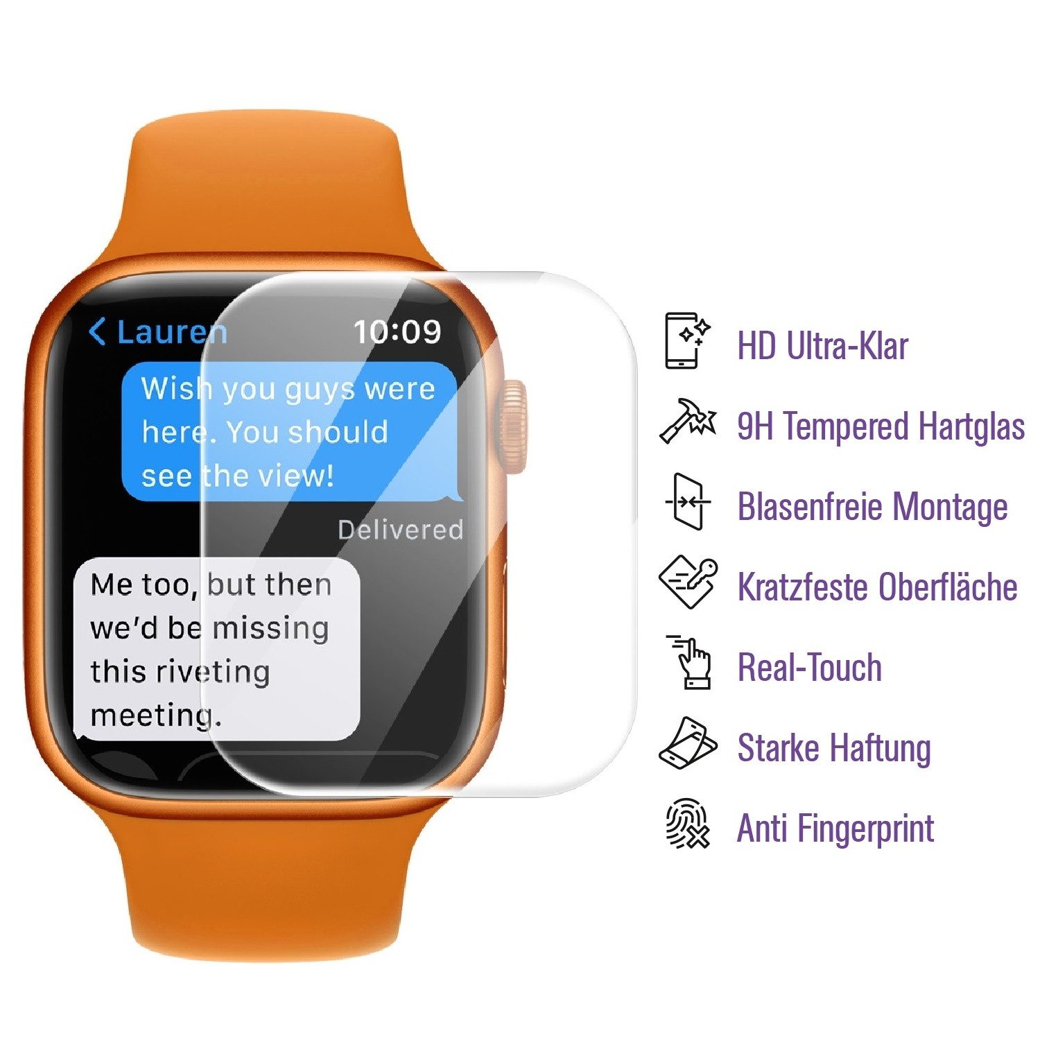 Protectorking Schutzfolie 3x UV-Liquid 9H Panzerglas für Apple Watch 7/ 8 41 mm 3D KLAR echtes, (3-Stück), FULL CURVED echtes Tempred 9H Panzerhartglas HD KLAR