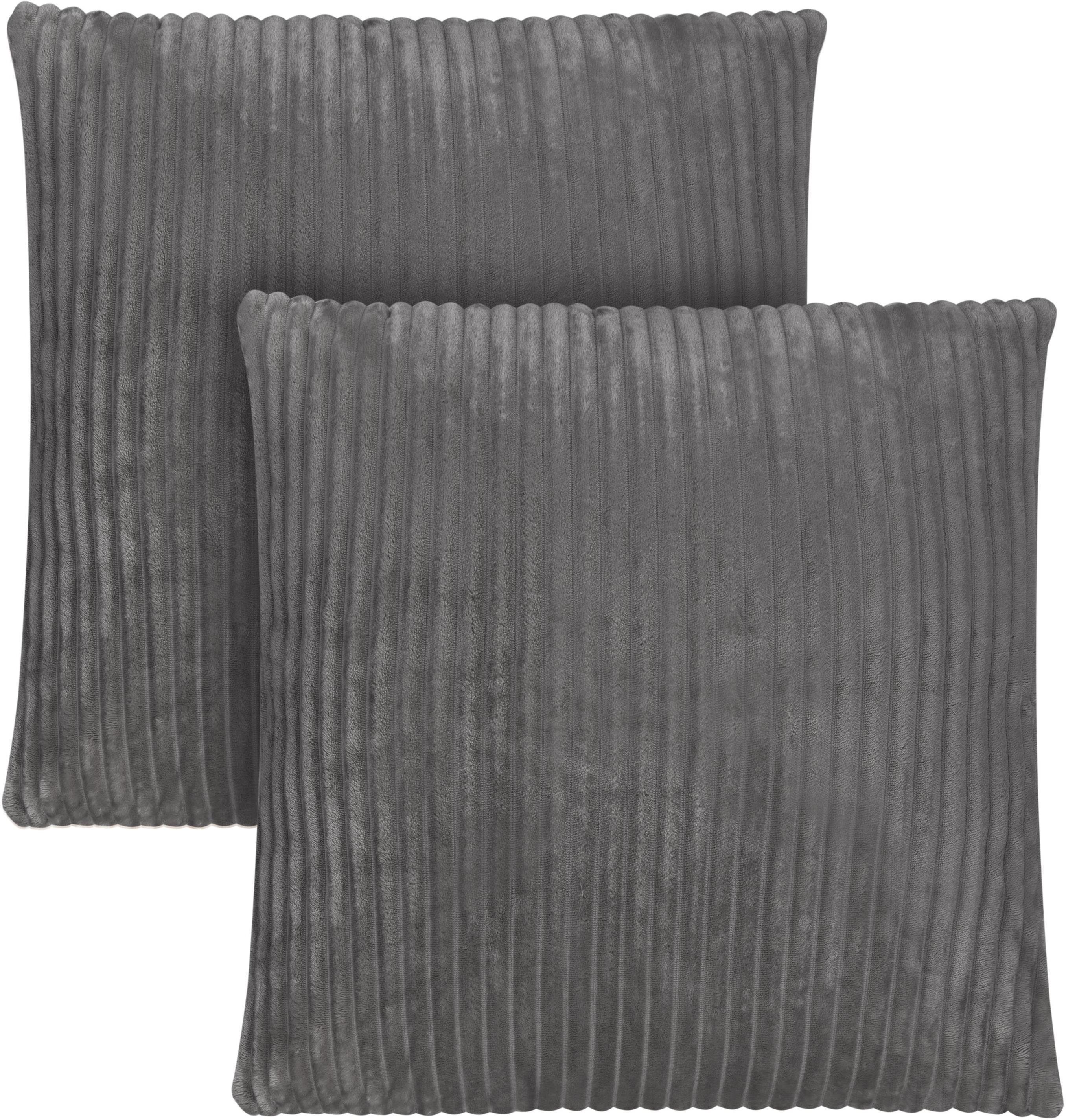 Aspero Dekokissen 2 Kissenbezüge aus Streifen-Flanell 45 x 45 cm, Dekokissen in Samtoptik aus hautsymphatischem Material Dunkelgrau