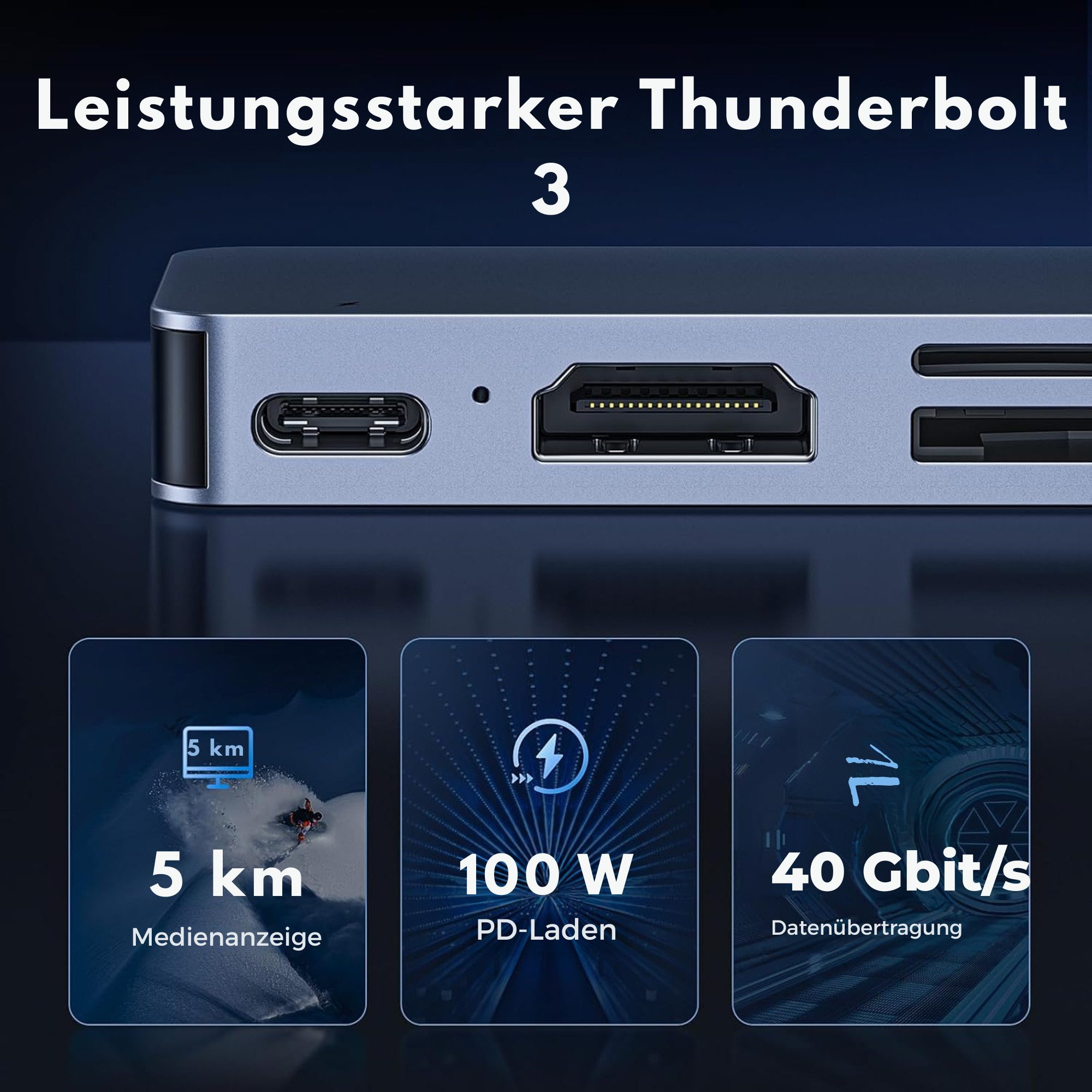 Vivitar 7-in-1-USB-C-Hub für MacBook mit Thunderbolt 3, 4K-HDMI, 3× USB 3.0 USB-Adapter USB-C zu USB-C, mit SD- und microSD-Kartenleser, 100 W PD, Multi-Port-Do – Bild 4 von 5