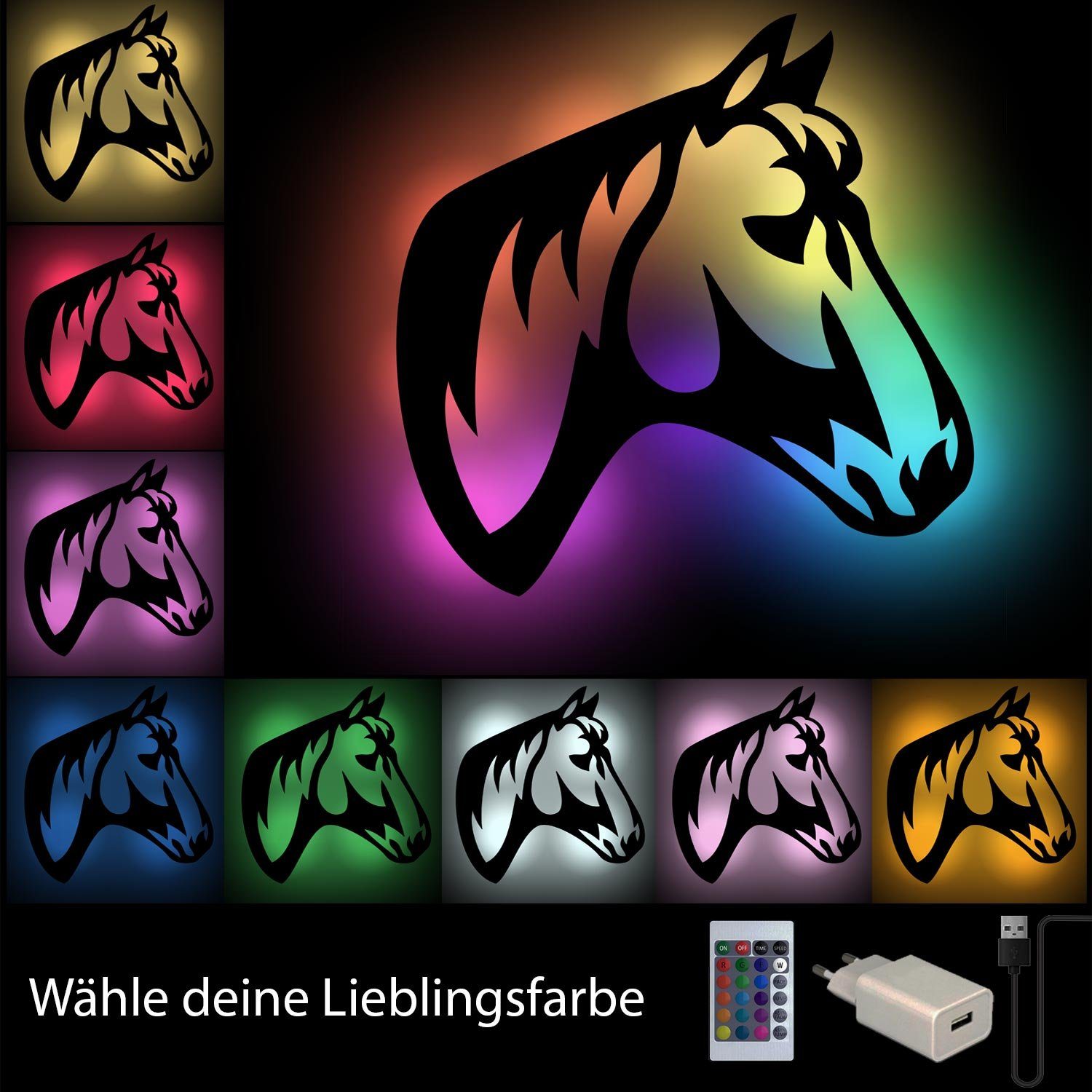 Namofactur LED Dekolicht Pferd RGB Farbwechsler integriert, Kinderzimmer, Unbehandelt Wandlampe LED Holz Nachtlicht, fest Pferdekopf