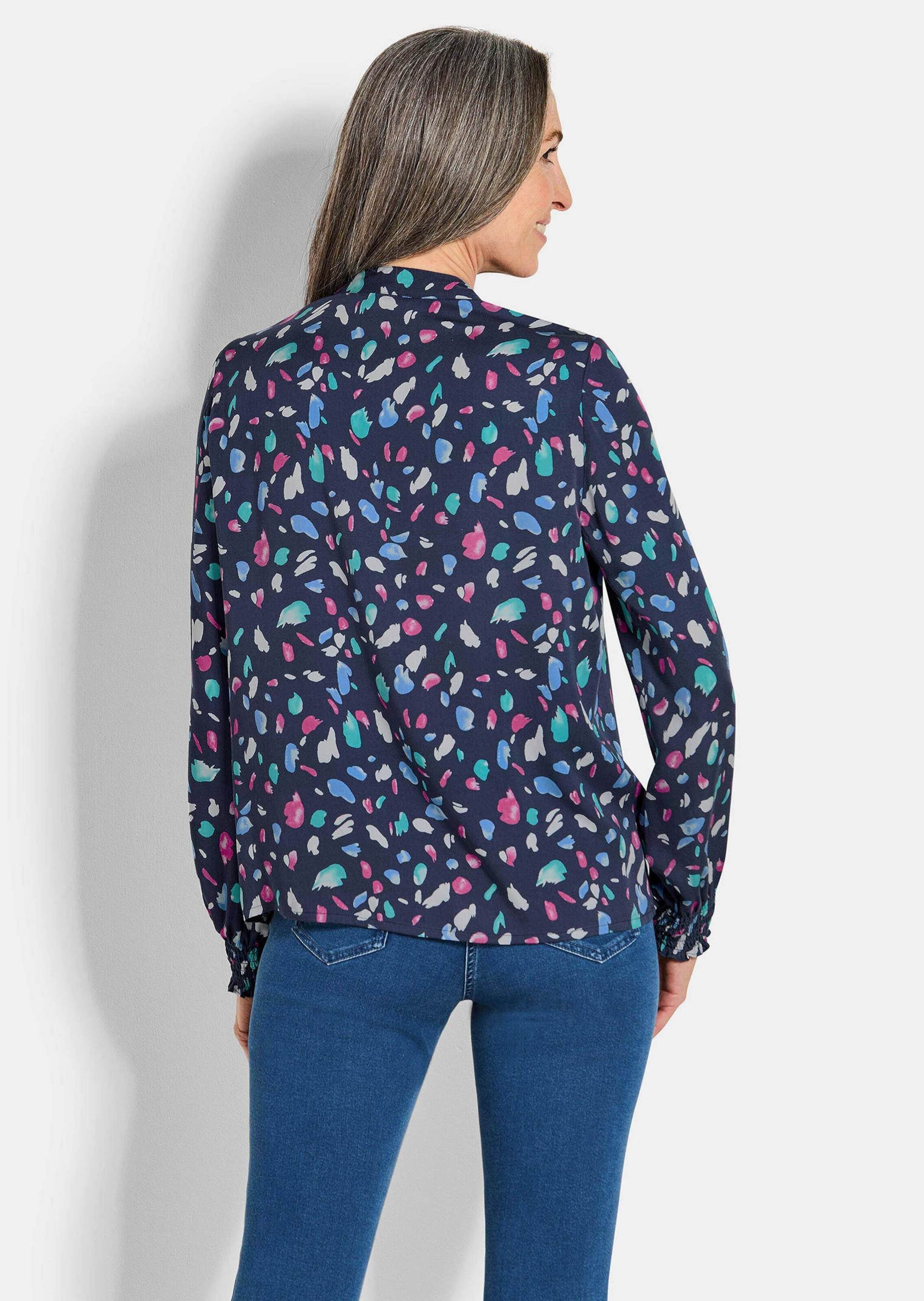 GOLDNER Klassische Bluse Elegante Satinbluse mit Smok-Details Viskosebluse mit Tupfenmuster, Stehkragen und Langarm