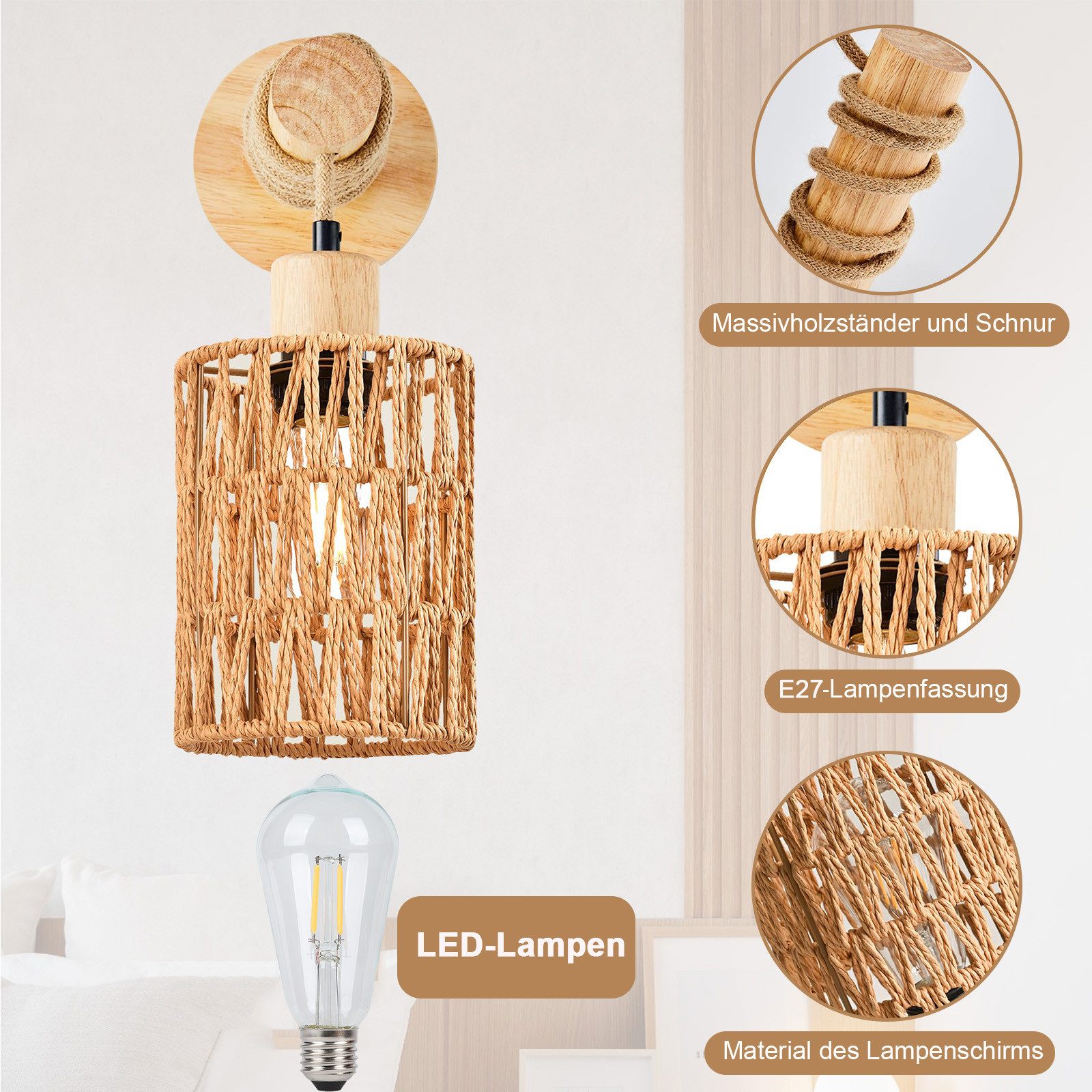 MUPOO LED Wandleuchte Vintage Innen Wandleuchte,E27 Retro Holz Wandlampe, W günstig online kaufen