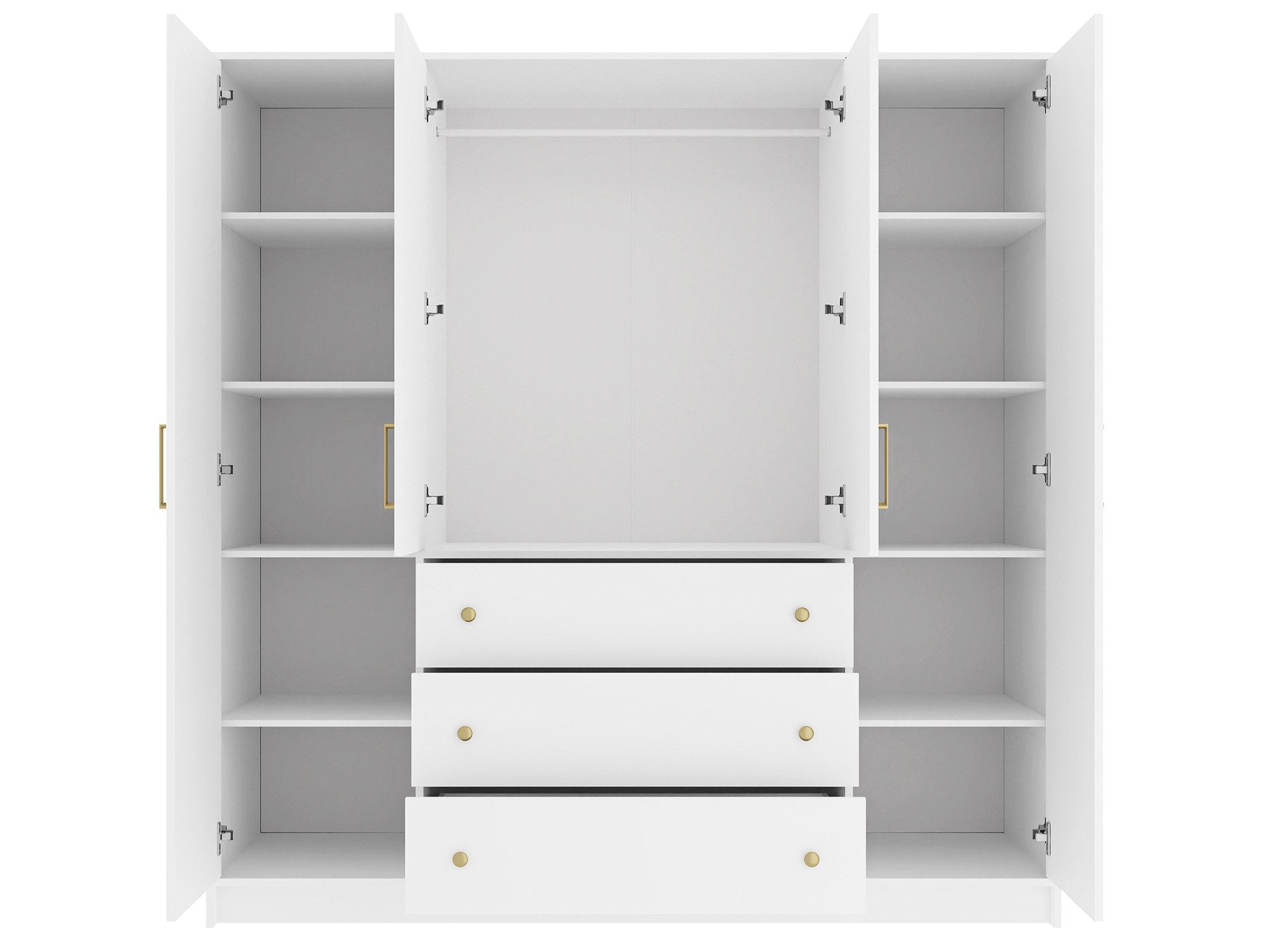 Beautysofa Drehtürenschrank RILO mit 4 Türen und goldfarbene Griffe (Kleiderstange, 8 Regalböden, 3 Schubladen, Farbe: Kaschmir, Weiß oder Schwarz) Breite: 196 cm