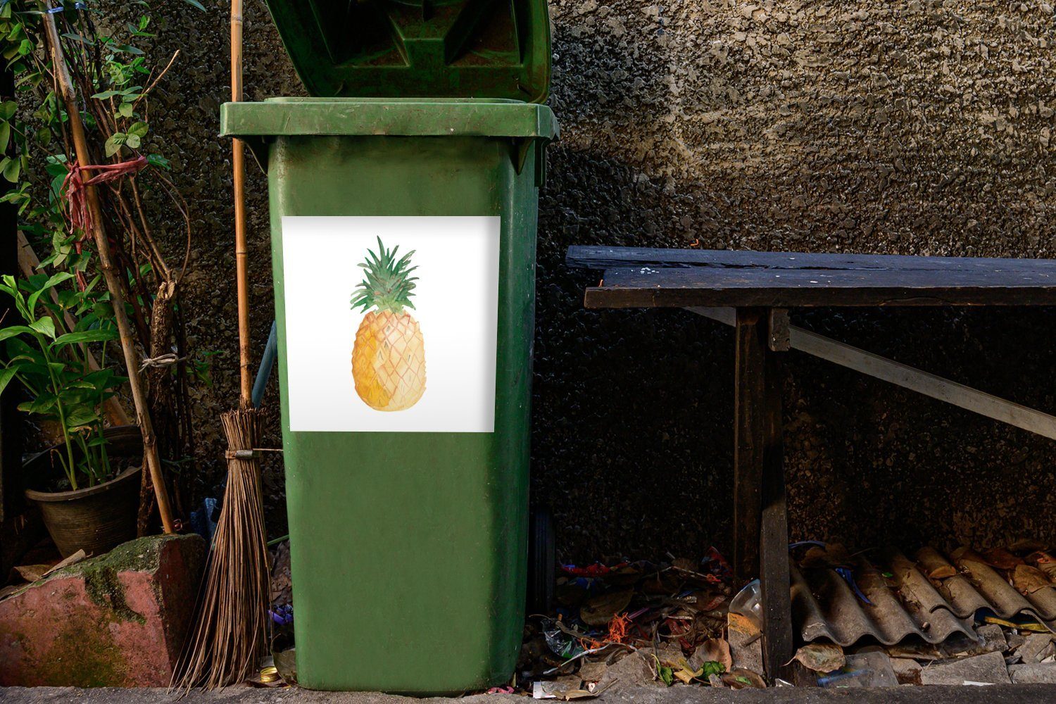 MuchoWow St), Weiß - Sticker, Aquarellfarbe Abfalbehälter (1 Wandsticker Mülleimer-aufkleber, Mülltonne, Container, - Ananas
