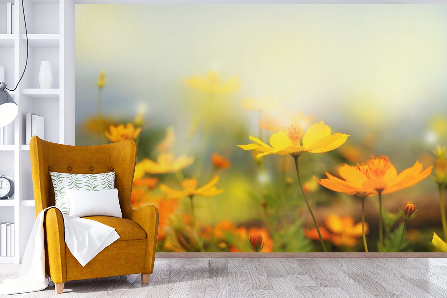 Wallpaper Vinyl - Schlafzimmer, Blumen für Gelb, Landschaft Wohnzimmer, bedruckt, Tapete Kinderzimmer, MuchoWow - St), Matt, Fototapete (6