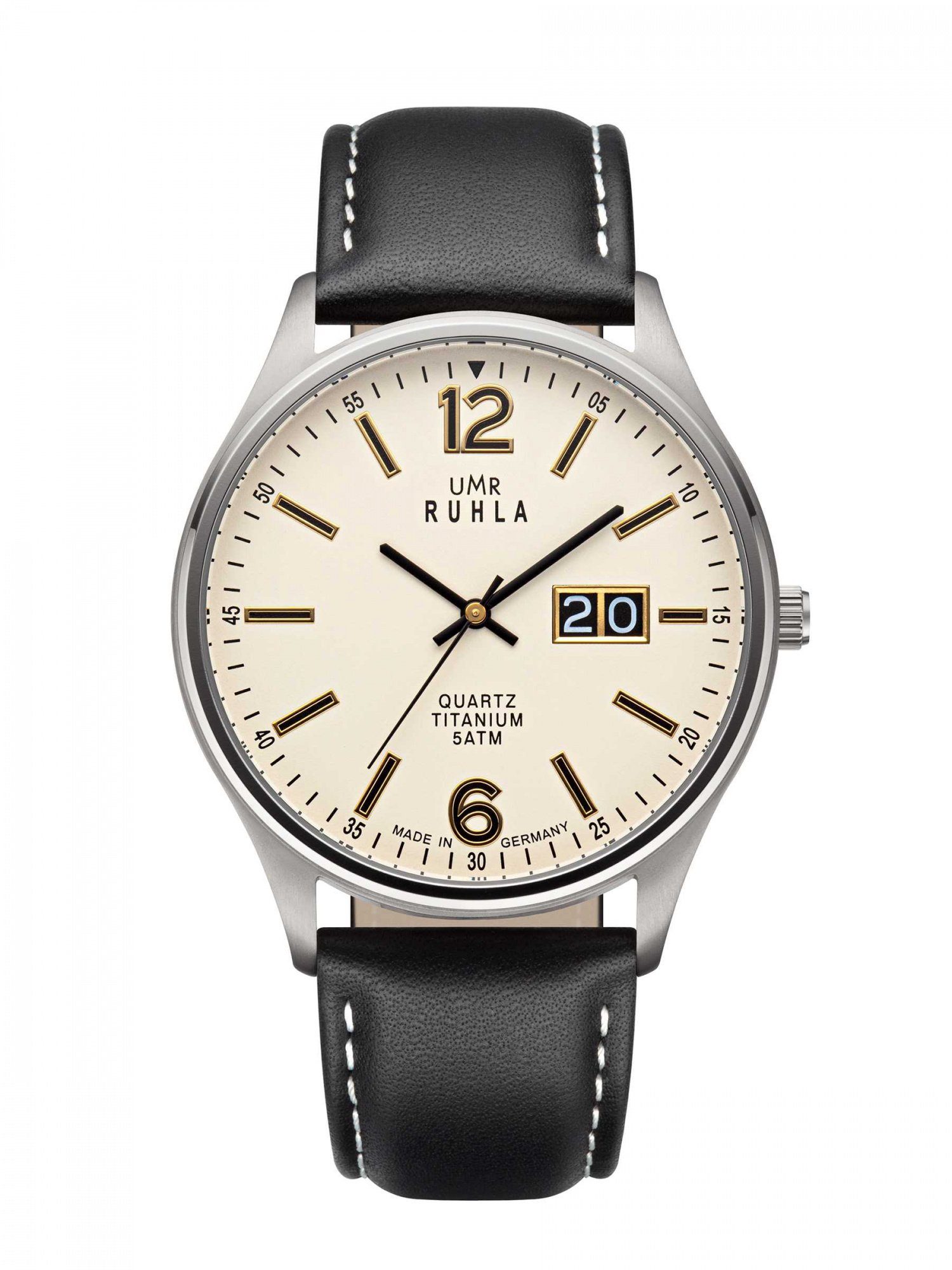 UMR Ruhla Quarzuhr Classic Big Date Titan Herrenuhr, 42 mm, Beige, Lederband, 17078, elegantes Design - Made in Germany