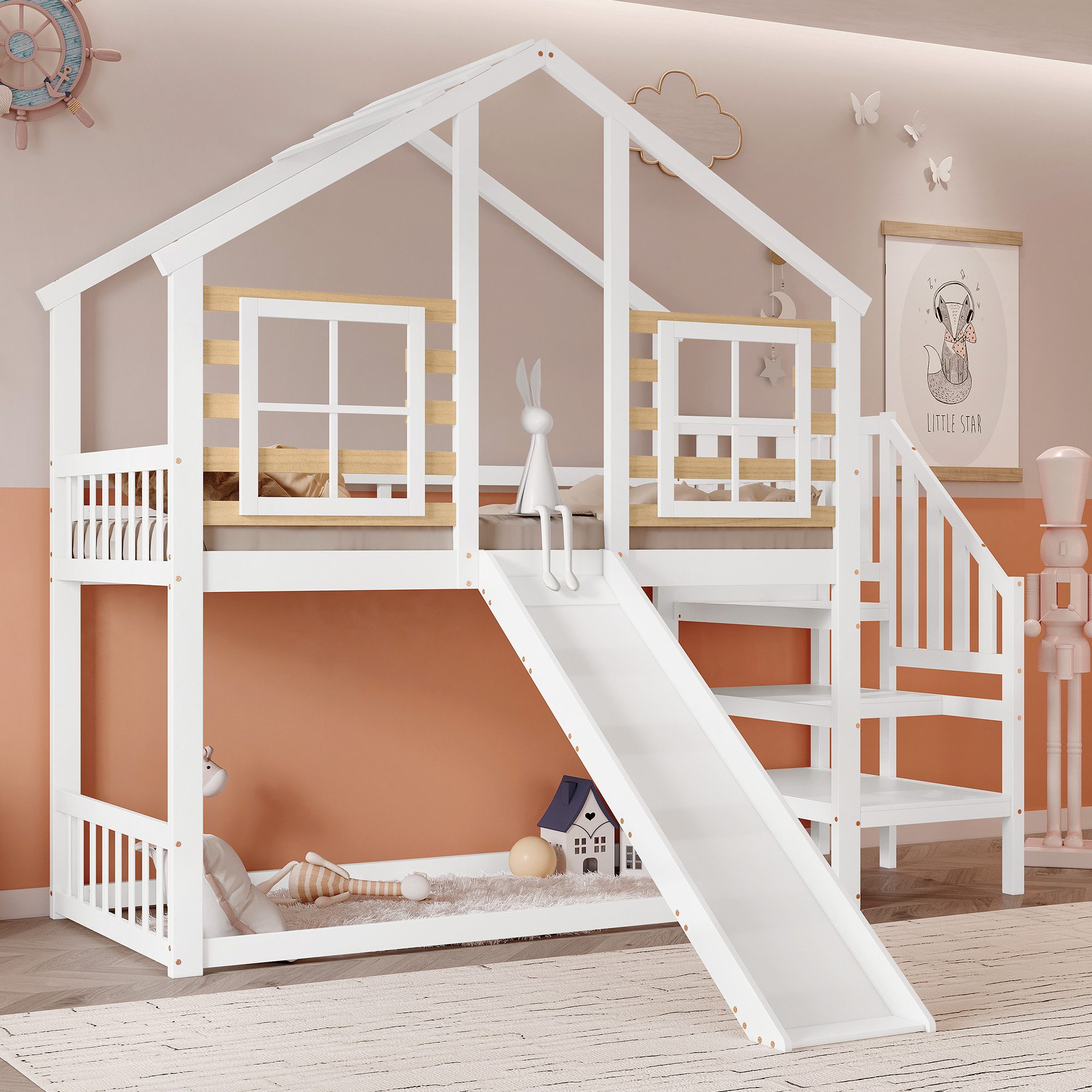 Merax Etagenbett in Blockhaus Design (1-St., Jugendbett Stockbett), Kiefer Hochbett Kinderbett 90x200cm mit Treppe Rutsche Dach Fenstern