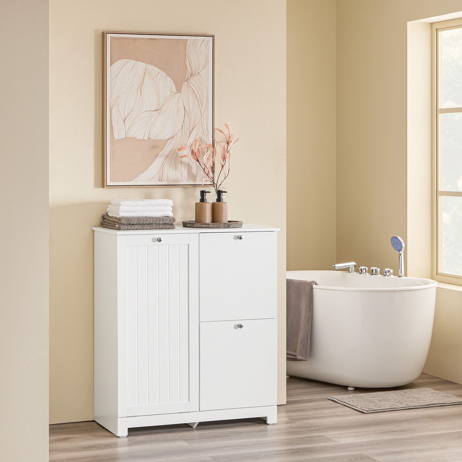 SoBuy Badkommode BZR213, Badschrank Wäscheschrank mit 3 Wäschekörben, Badezimmerschrank, Beistellschrank Badschrank schmal, mit Wäschesammler, 2 Stoffkörben
