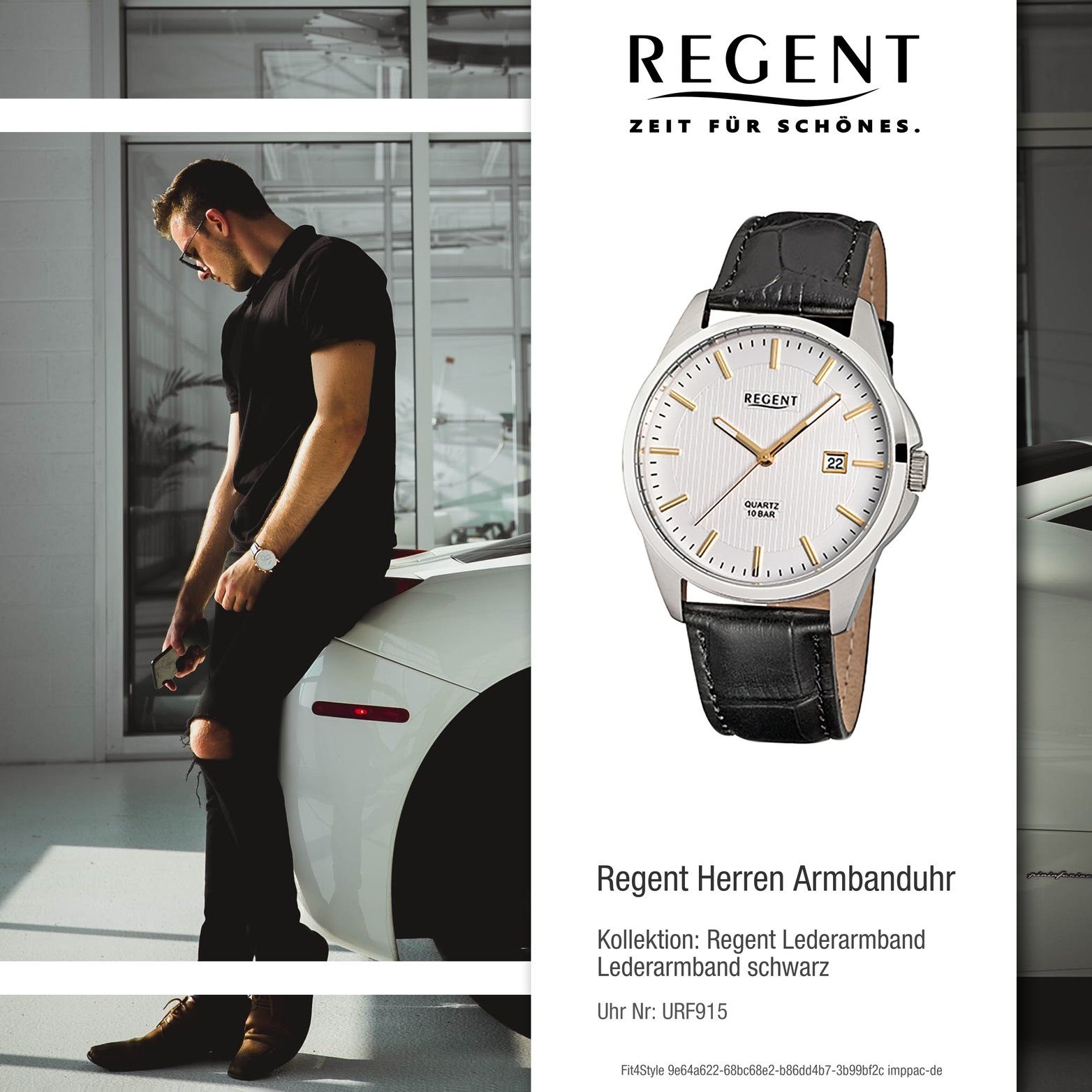 Regent Quarzuhr Regent Quarzuhr, rundes Leder Herren F-915 Gehäuse, Lederarmband, 39mm), Uhr Herrenuhr mittel mit Elegant (ca