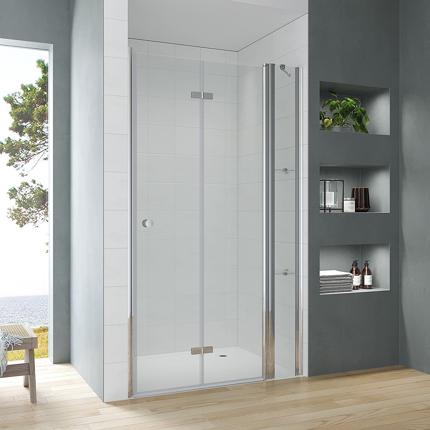 AQUABATOS Dusch-Falttür Begehbare Dusche faltbar Duschtür in Nische mit Festteil Nischentür, 95x187 cm, Einscheiben-Sicherheitsglas (ESG) 5 mm