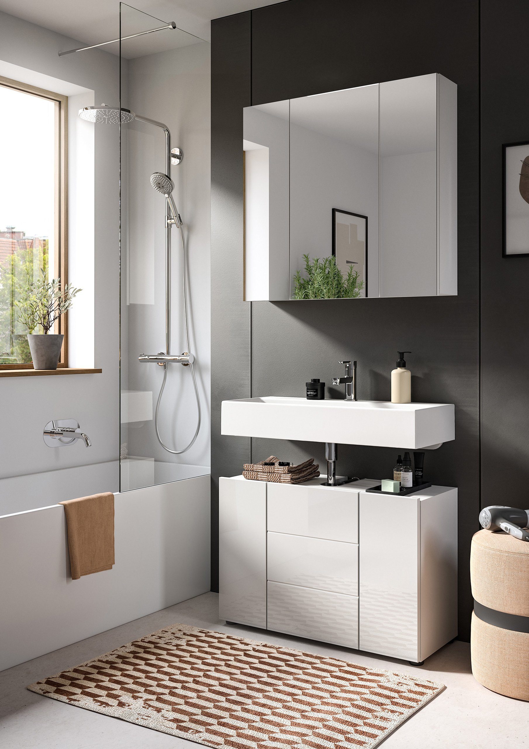 Newroom Badezimmer-Set Valea, Badezimmer-Set Weiß Hochglanz Badezimmermöbel Badezimmer Set Mode...