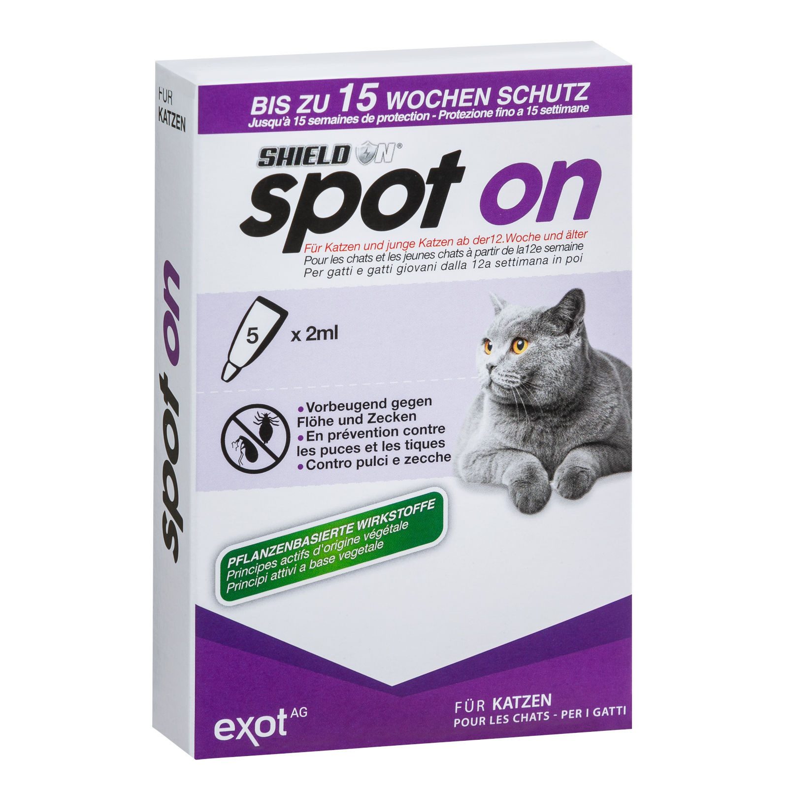 Shield On Zeckenschutzmittel Spot On Floh- und Zeckenschutz für Katzen, 5 x 2ml, 10 ml