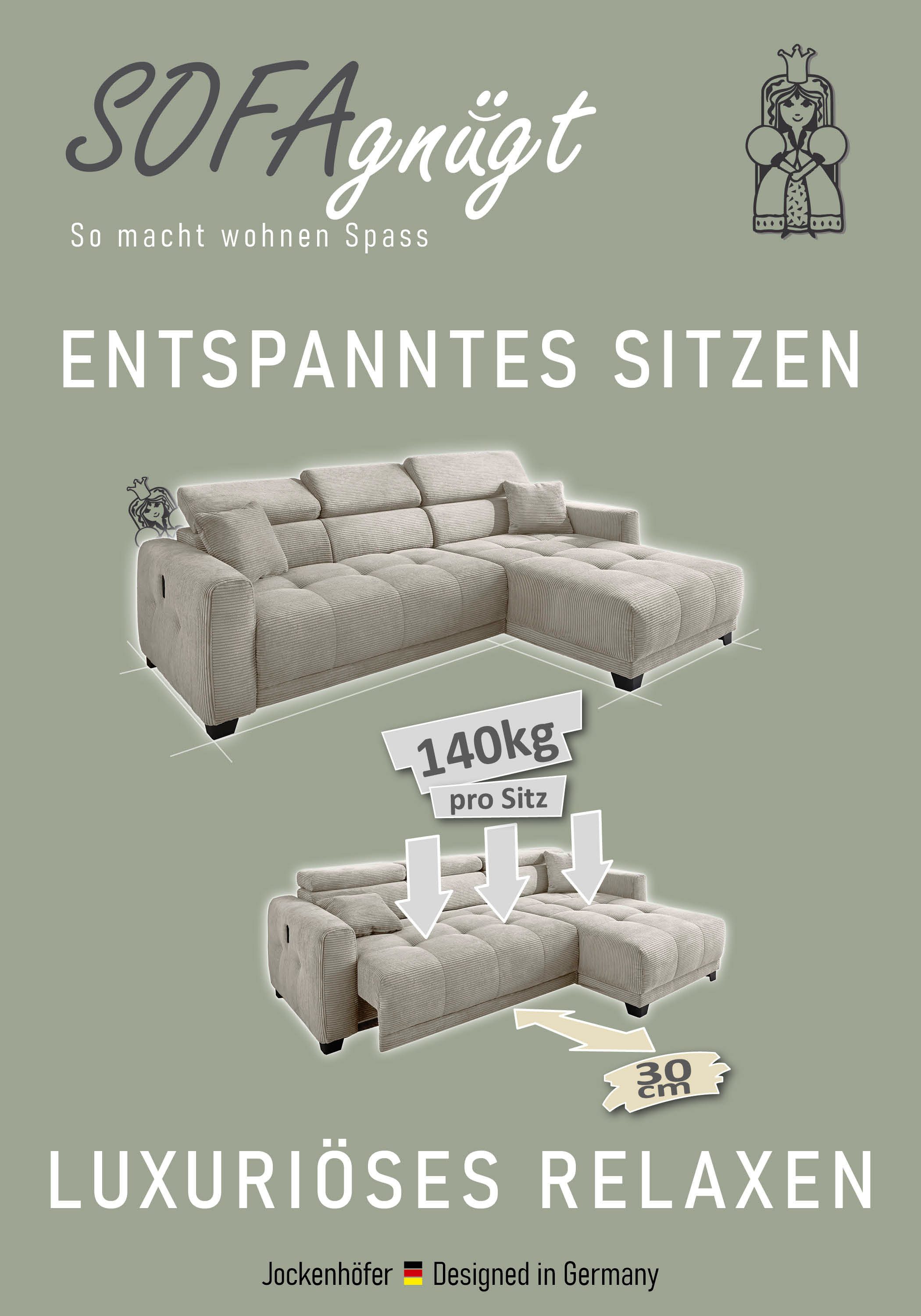 Jockenhöfer Gruppe Ecksofa Cremona L-Form, B: 263 cm, mit 30 cm elektr. Sitztiefenverstellung, 140kg Belastbarkeit je Sitz, Kopfteilverstellung & USB-Anschluss