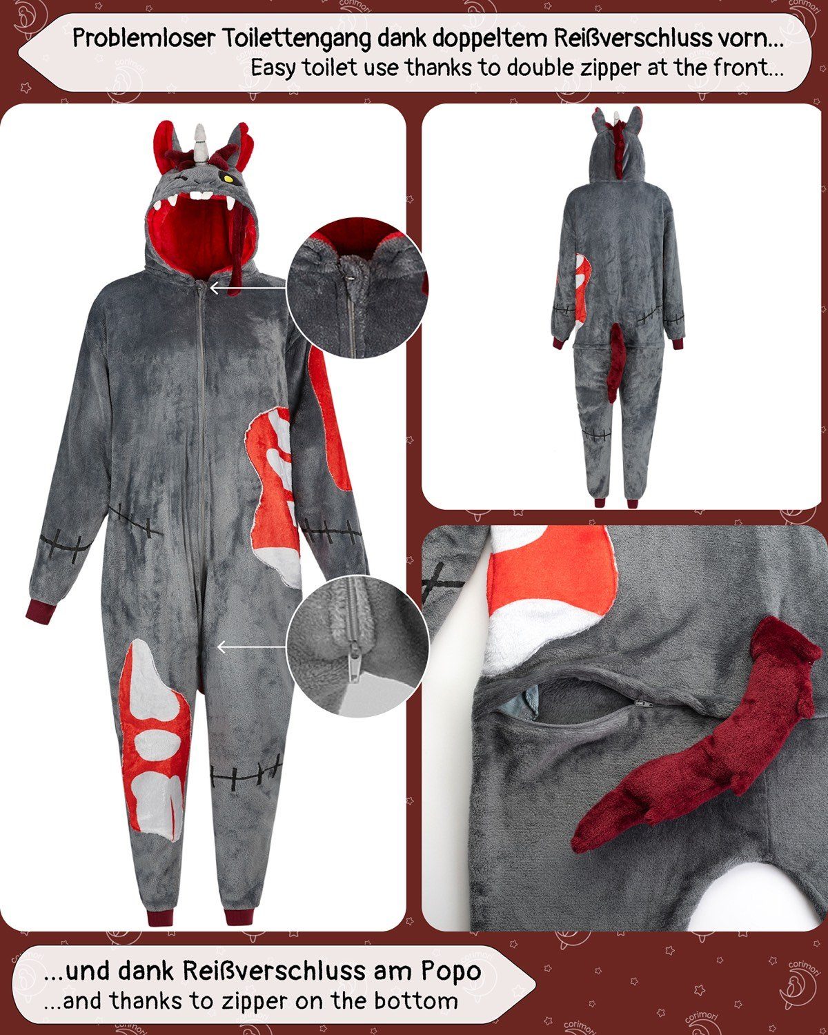 Corimori Jumpsuit Flauschiges Zombie mit Kinder Onesie, (2-tlg) für Haarreif, Mädchen, Jungen, Fasching, Halloween Kostüm Einhorn Karneval