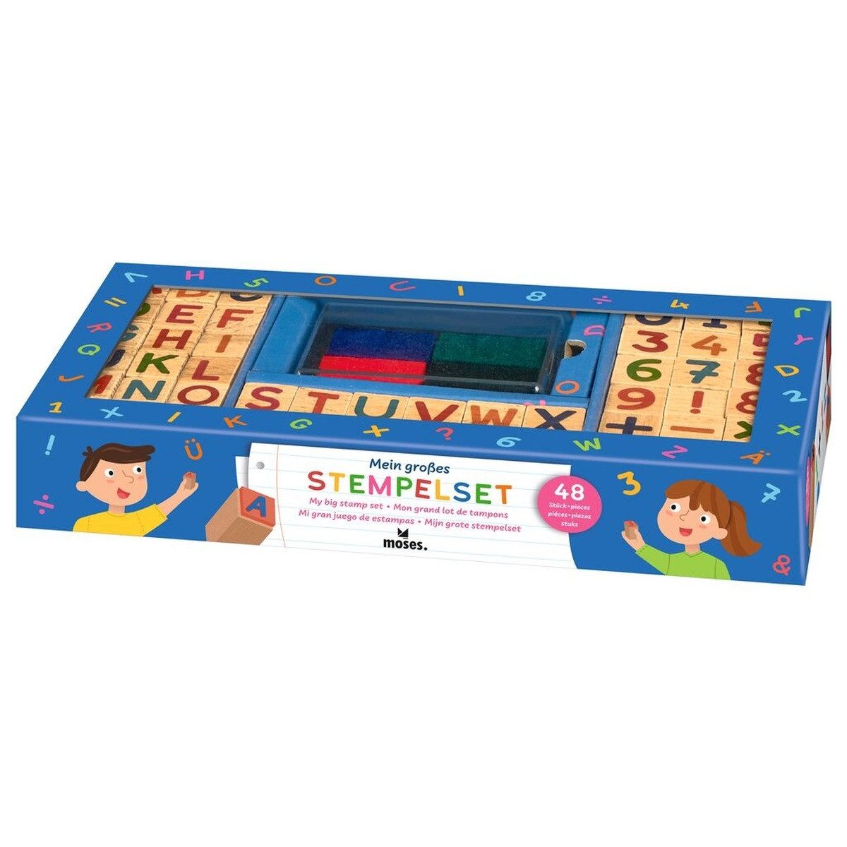 Moses. Verlag Stempel Stempelset Alphabet & Zahlen aus Holz inkl. Stempelkissen, 48-teilig, 48 Holzstempel