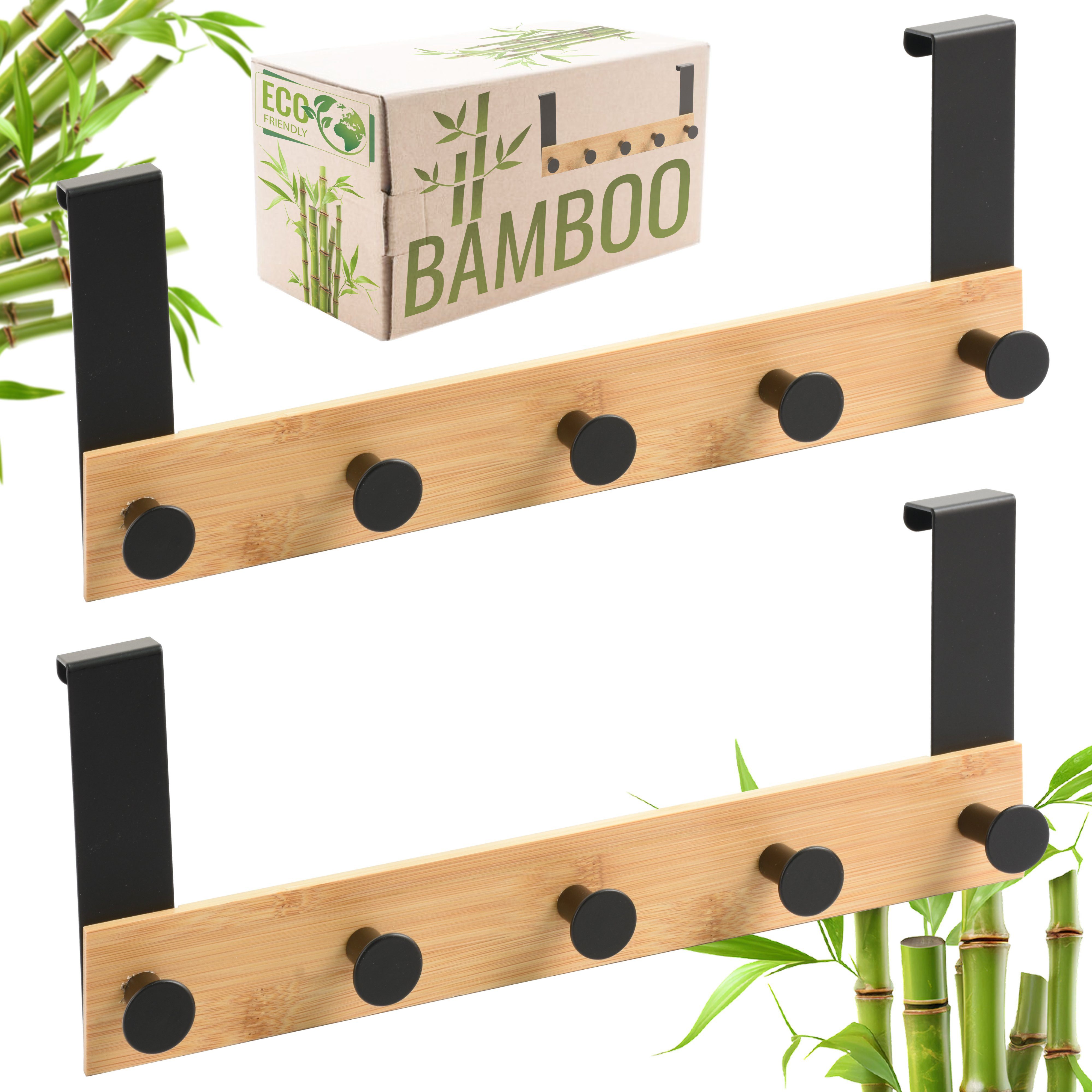 RICOO Garderobenleiste Tür Hakenleiste Hängegarderobe Türhakenleiste aus Bambus Stahl 5 Haken (2-er Set / 2 Stk. / MH029N-5x2, 2 St., Türgarderobe Garderobenhaken Tür Hakenleiste Platzsparende Garderobe), Garderobe ohne Bohren Kleiderhaken Tür bis max 23mm Türbreite