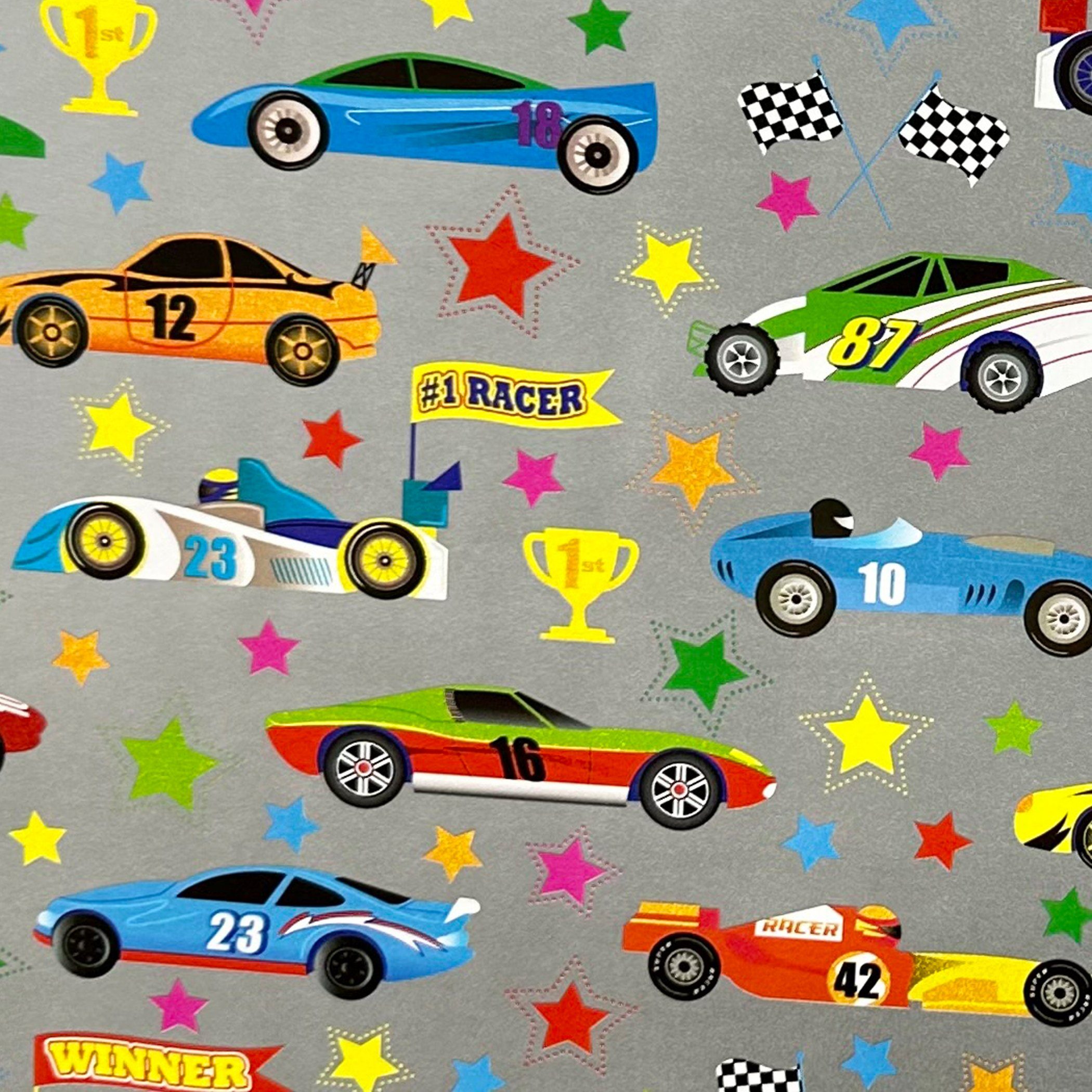 Star Geschenkpapier, Geschenkpapier mit Auto Sport Motiv 70cm x 2m Rolle silber / bunt