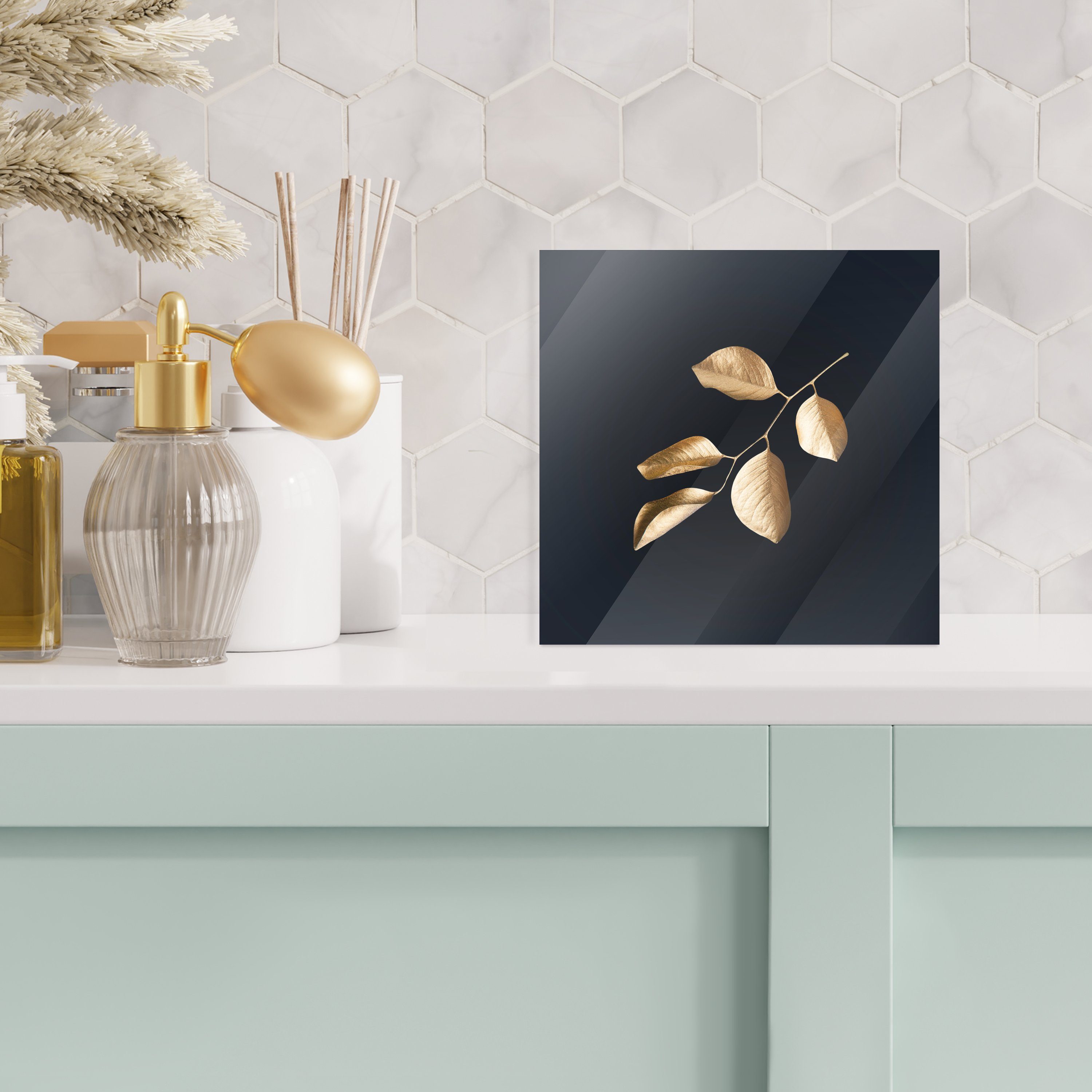 Wandbild - bunt - Bilder Blätter - Acrylglasbild - Foto Luxus, Gold MuchoWow - (1 St), Zweig Glasbilder Wanddekoration auf Glas auf - Glas