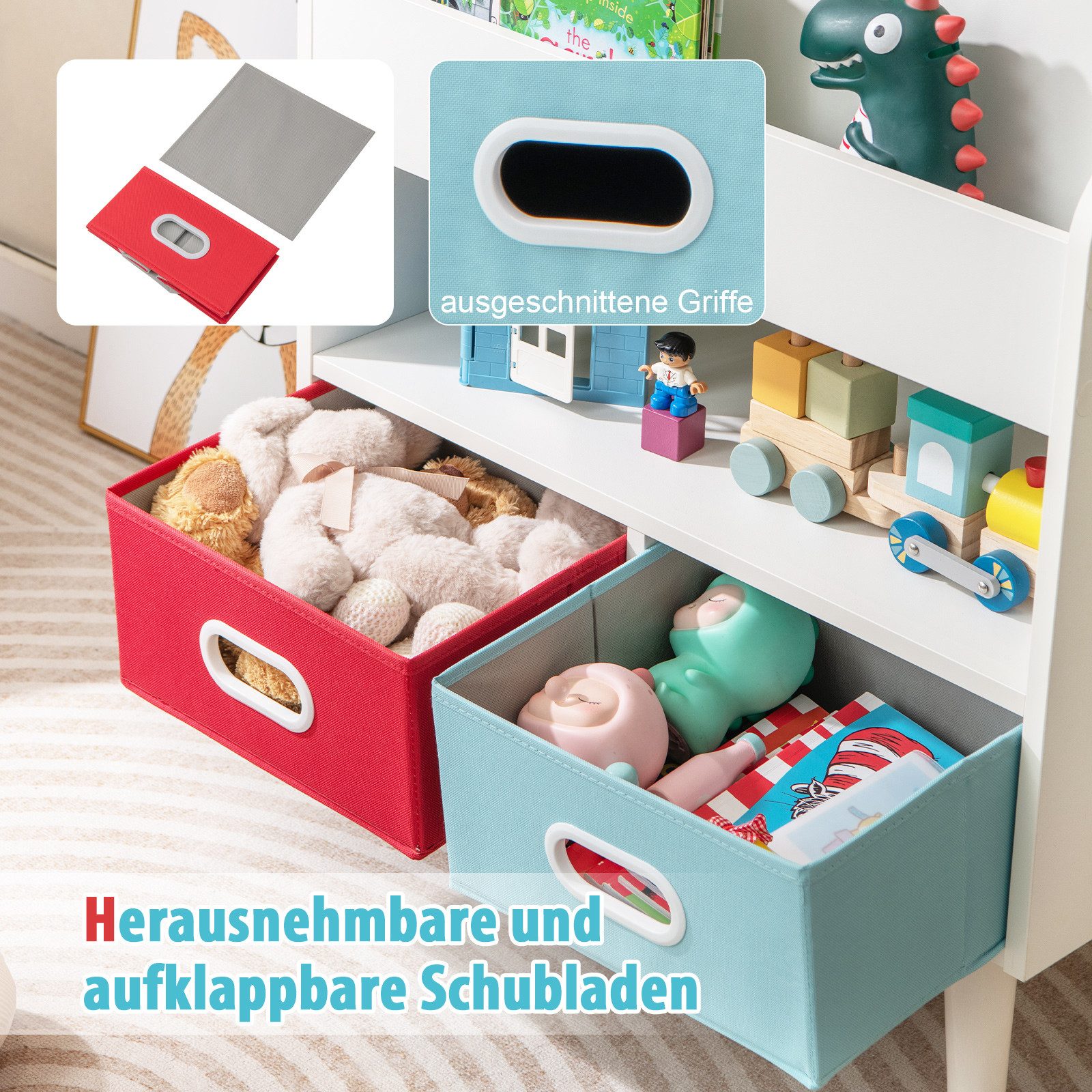 COSTWAY Spielzeugtruhe, Kinderregal mit 3-stufigen Regalen