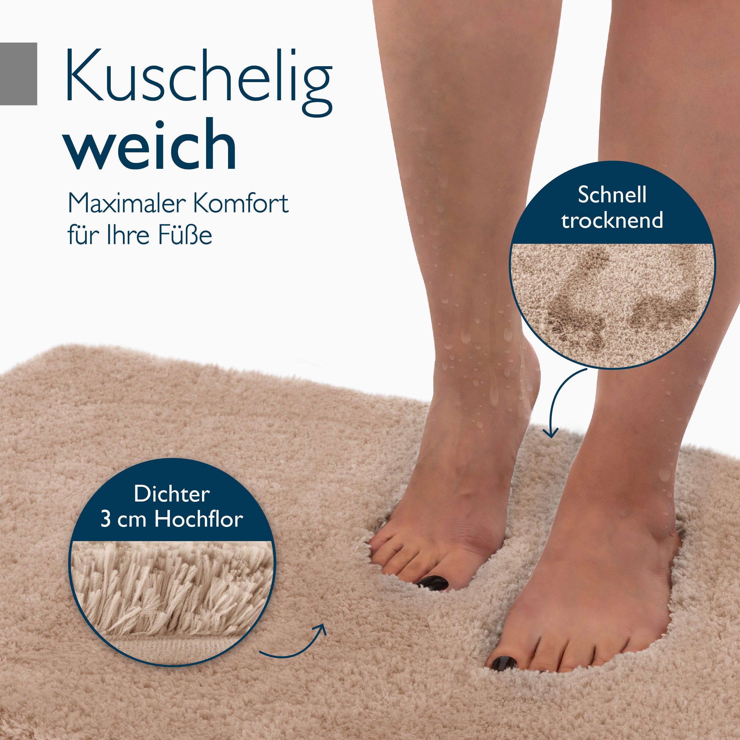 Beautissu Badematte Badematte rutschfest BeauMare FL, 60x50cm, Natur, Höhe 30 mm, Polyester, 60x50 cm Duschvorleger Hochflor Badteppich rutschfest Waschbar Shag – Bild 3 von 5