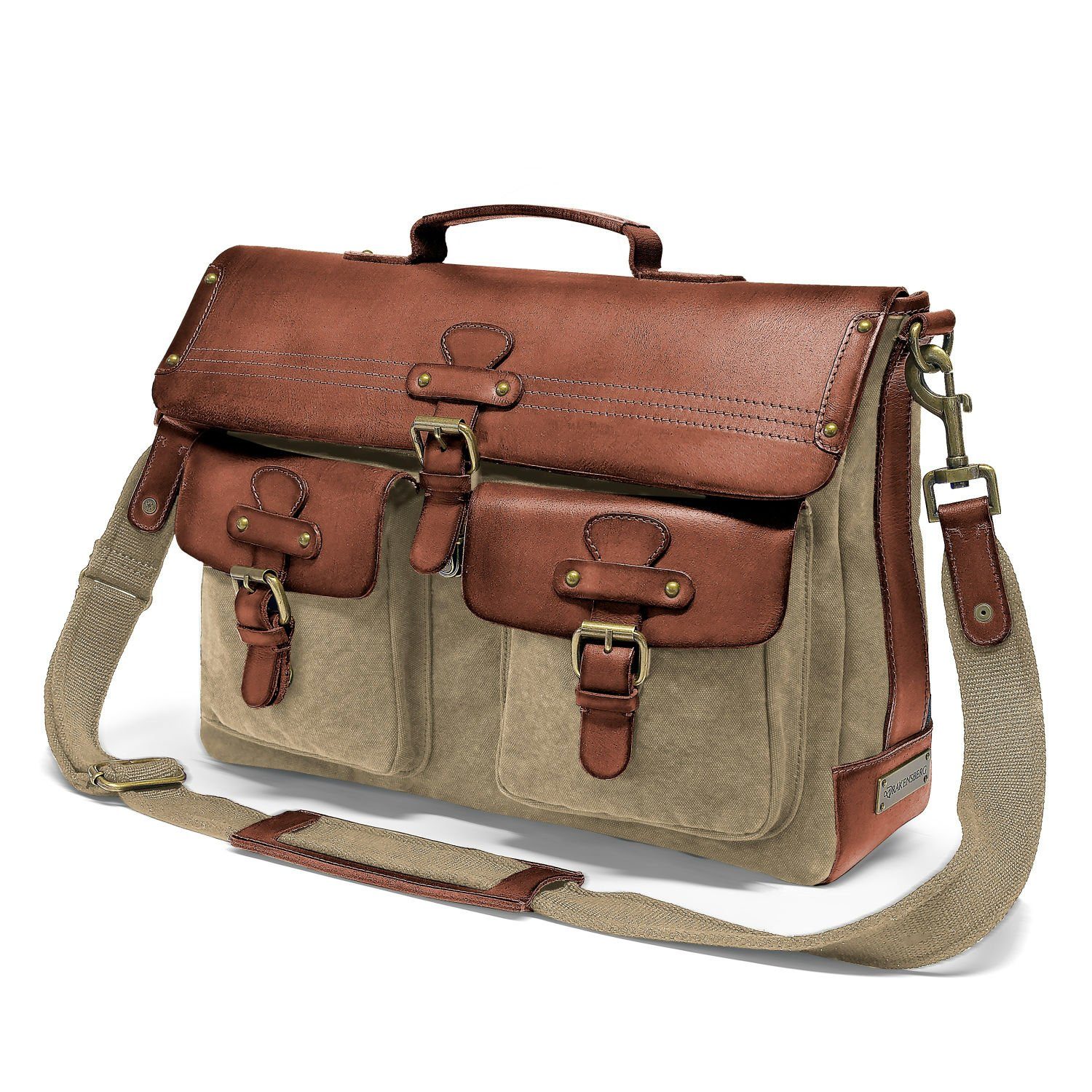 DRAKENSBERG Umhängetasche Aktentasche »Milo« Khaki-Beige, Herren Schultertasche mit 15" Laptopfach im Vintage-Design aus Canvas