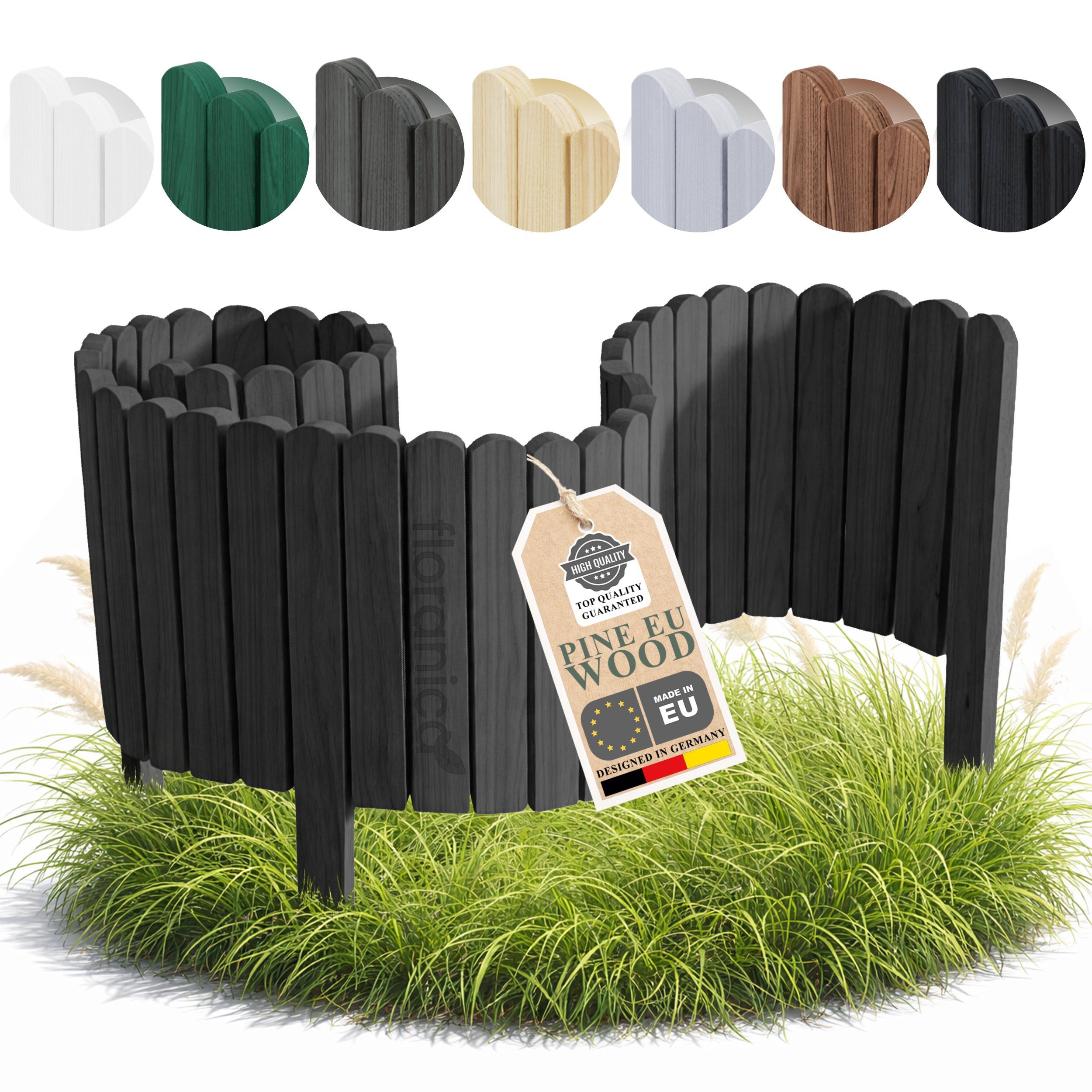 Floranica Beetbegrenzung Rasenkante Beeteinfassung Beetumrandung Rollzaun Holzzaun Gartenzaun, LxH: 100x10 cm, 1 Stk., Graphitgrau, Dekozaun Umzäunung für Garten Blumenbeetee Wege Rasenbegrenzung