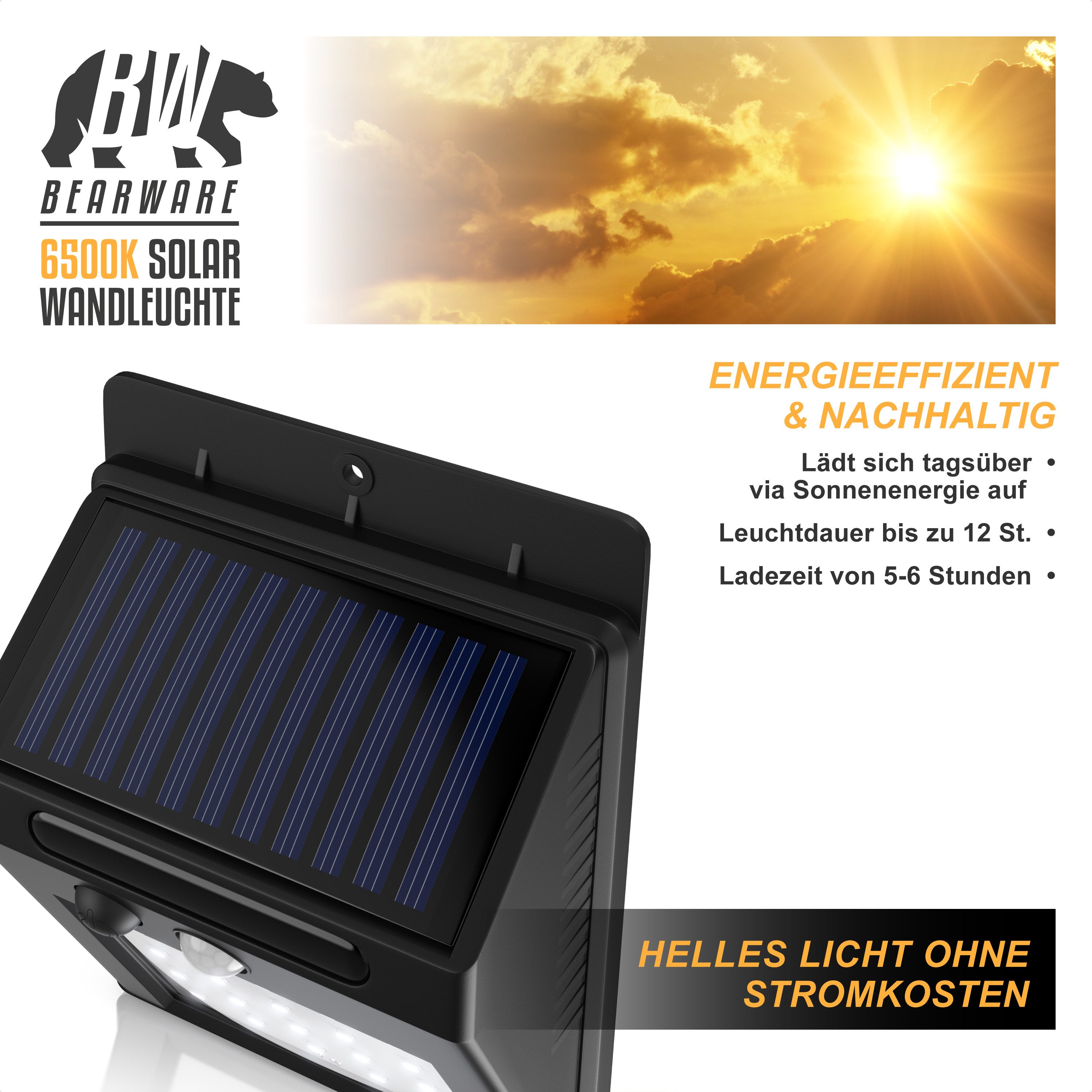 BEARWARE LED Solarleuchte Solarlampe für Außen mit Bewegungsmelder & Akku 1200mAh, IP54, Ein-/Ausschalter, LED fest verbaut, Kaltweiß, Wandleuchte, 20 SMD-LEDs, – Bild 4 von 5