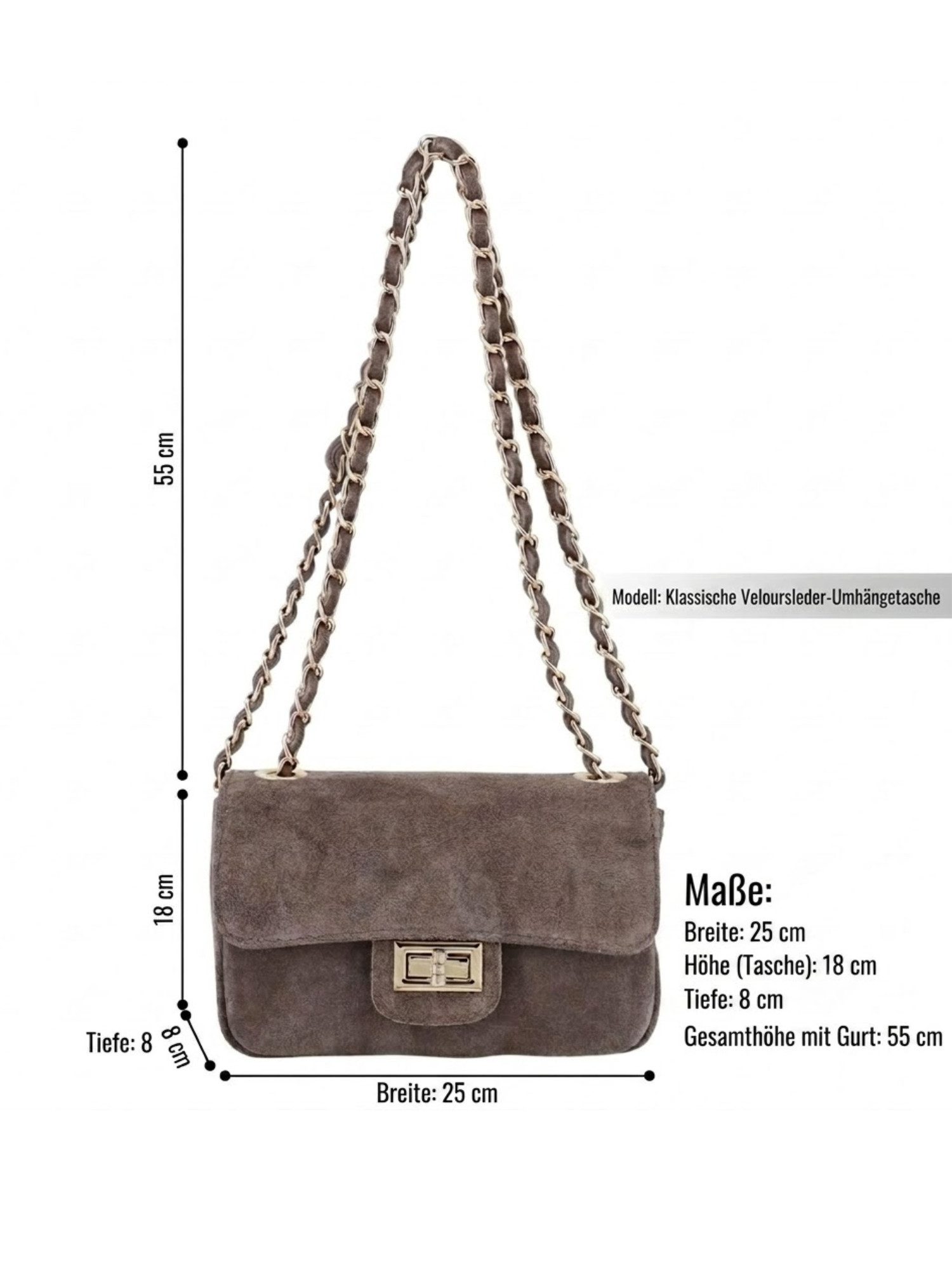 BRISE TASCHE Umhängetasche Kompakte Wildleder-Crossbody mit Kettenriemen, 100 % echtes Wildleder, kompakte Form, Reißverschluss-Innentasche