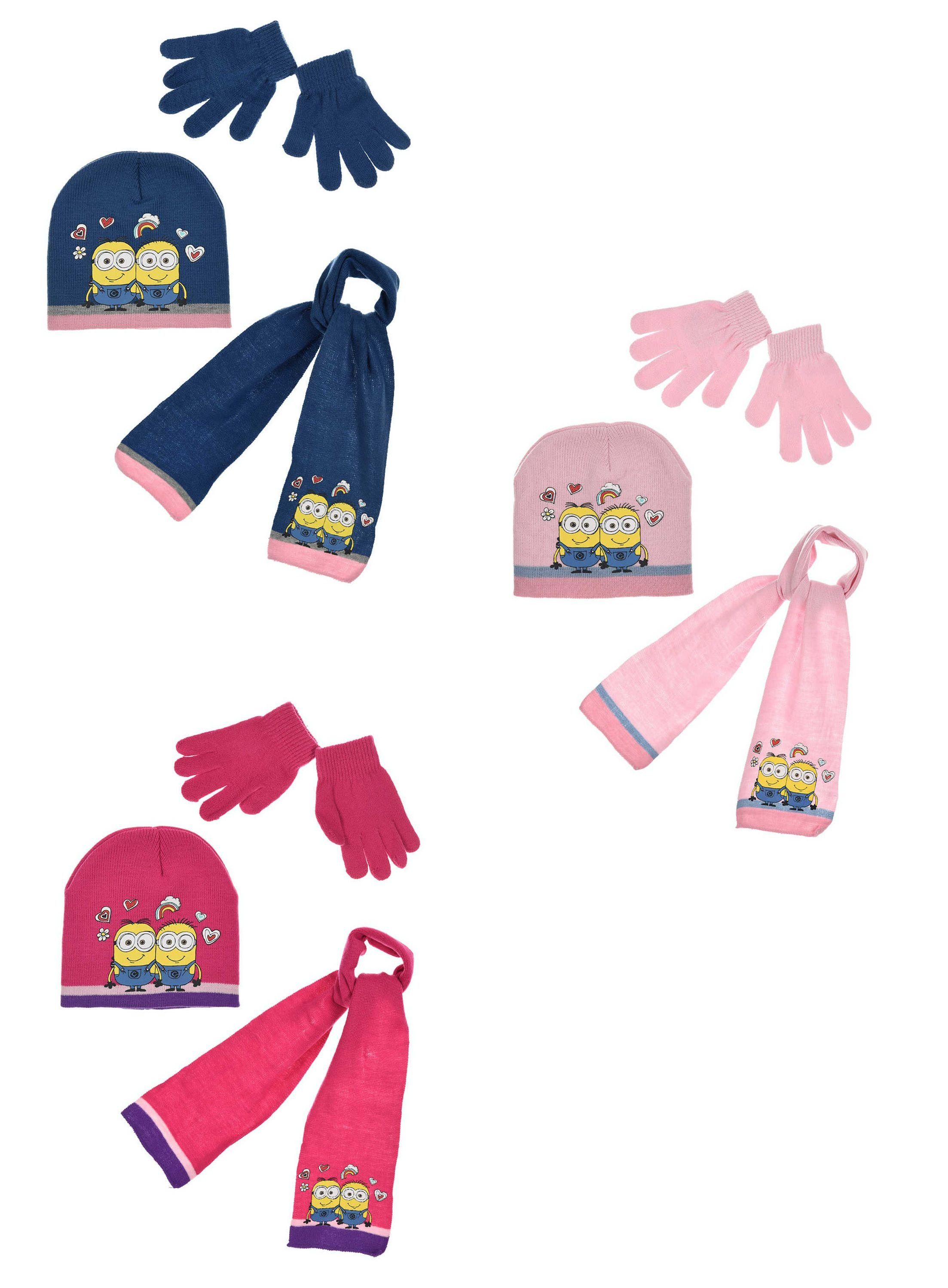 Minions Beanie (SET) Handschuhe Pink Kinder Mädchen Winter-Set Mütze Schal