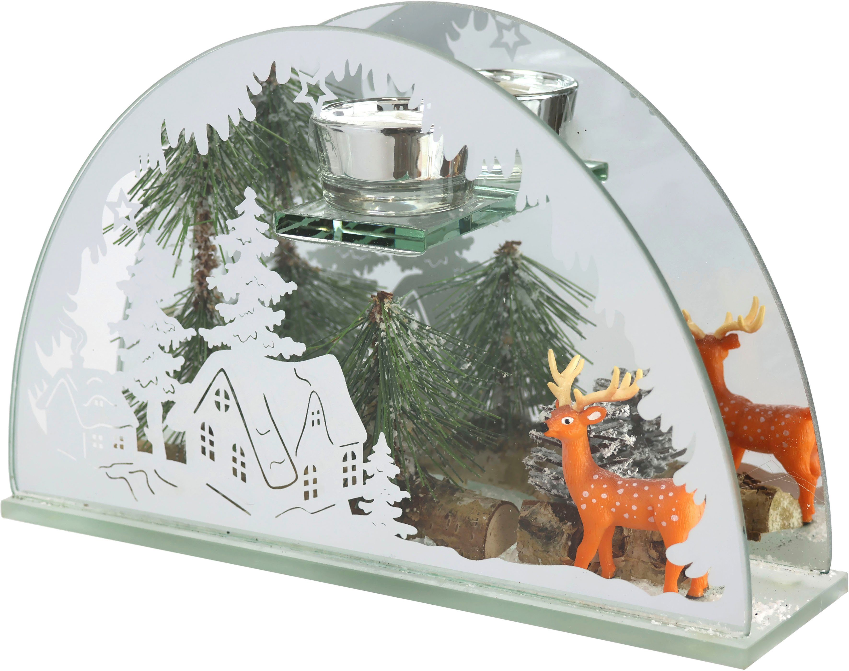 I.GE.A. Teelichthalter Weihnachtsdeko, Kerzenhalter, Deko-Objekt (1 St), aus Spiegelglas, mit Hirsch-Deko in Winterlandschaft, Höhe ca. 15 cm