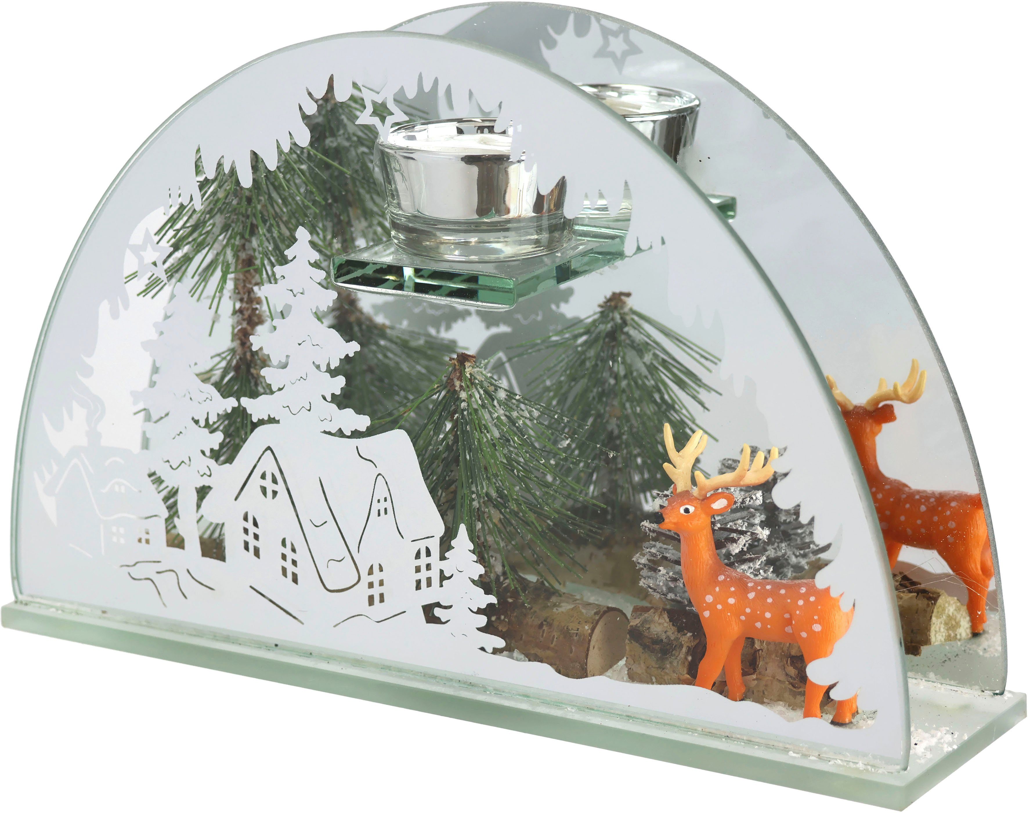 I.GE.A. Teelichthalter Weihnachtsdeko, Kerzenhalter, Deko-Objekt (1 St),  aus Spiegelglas, mit Hirsch-Deko in Winterlandschaft, Höhe ca. 15 cm