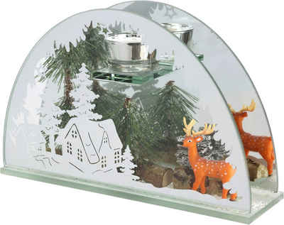 I.GE.A. Teelichthalter Weihnachtsdeko, Kerzenhalter, Deko-Objekt (1 St), aus Spiegelglas, mit Hirsch-Deko in Winterlandschaft, Höhe ca. 15 cm