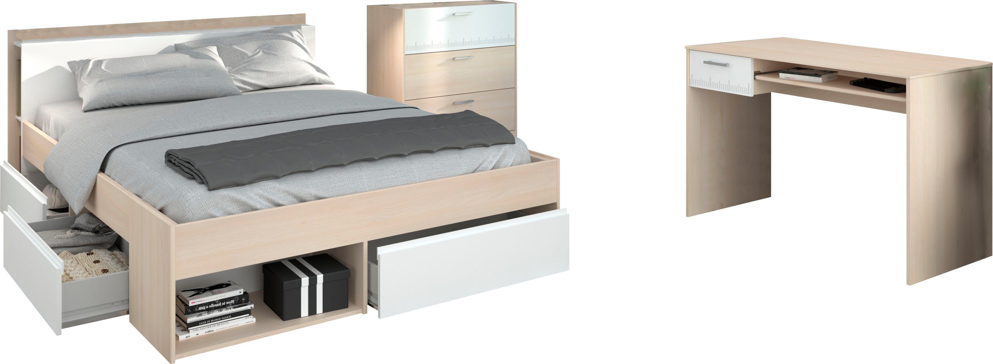 Schubkastenkommode) und Schreibtisch Bett (Set, mit Most, Parisot Schubkästen, 3-St., Jugendzimmer-Set