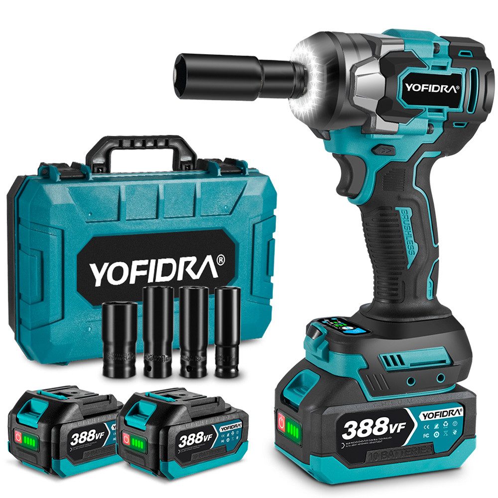 Yofidra Akku-Schlagschrauber 1200Nm( 885Ft-Ibs)  Bürstenloser 1/2 Zoll Schlagschrauber, 6700 U/min, (mit 2× Akkus & 4 Stecknüsse), Schlagschrauber für Radwechsel/Auto