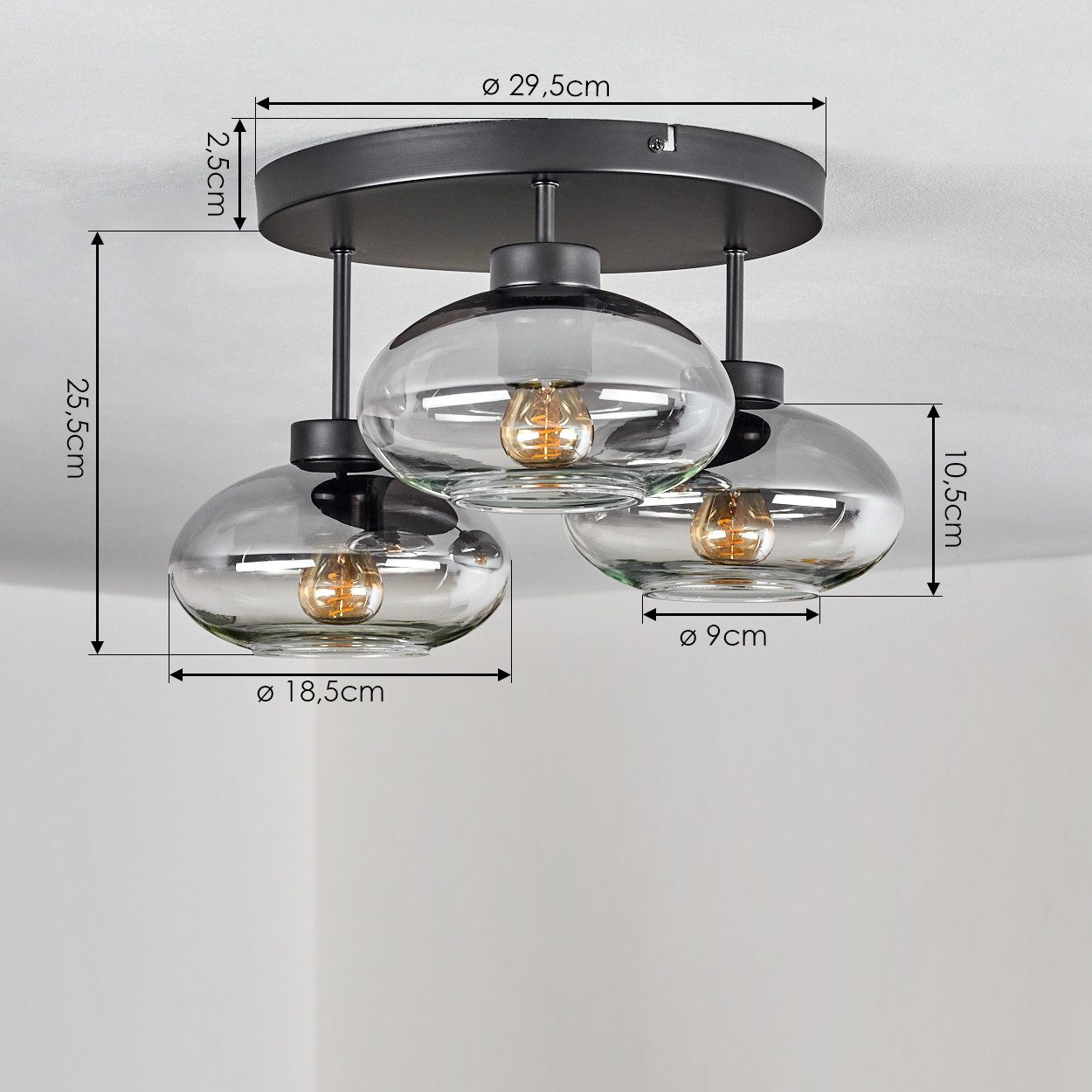 hofstein Deckenleuchte moderne Deckenlampe aus Metall/Glas in Schwarz/Rauchfarben, ohne Leuchtmittel, Leuchte mit Schirmen aus Rauchglas (18,5 cm), 3 x E27 – Bild 4 von 5