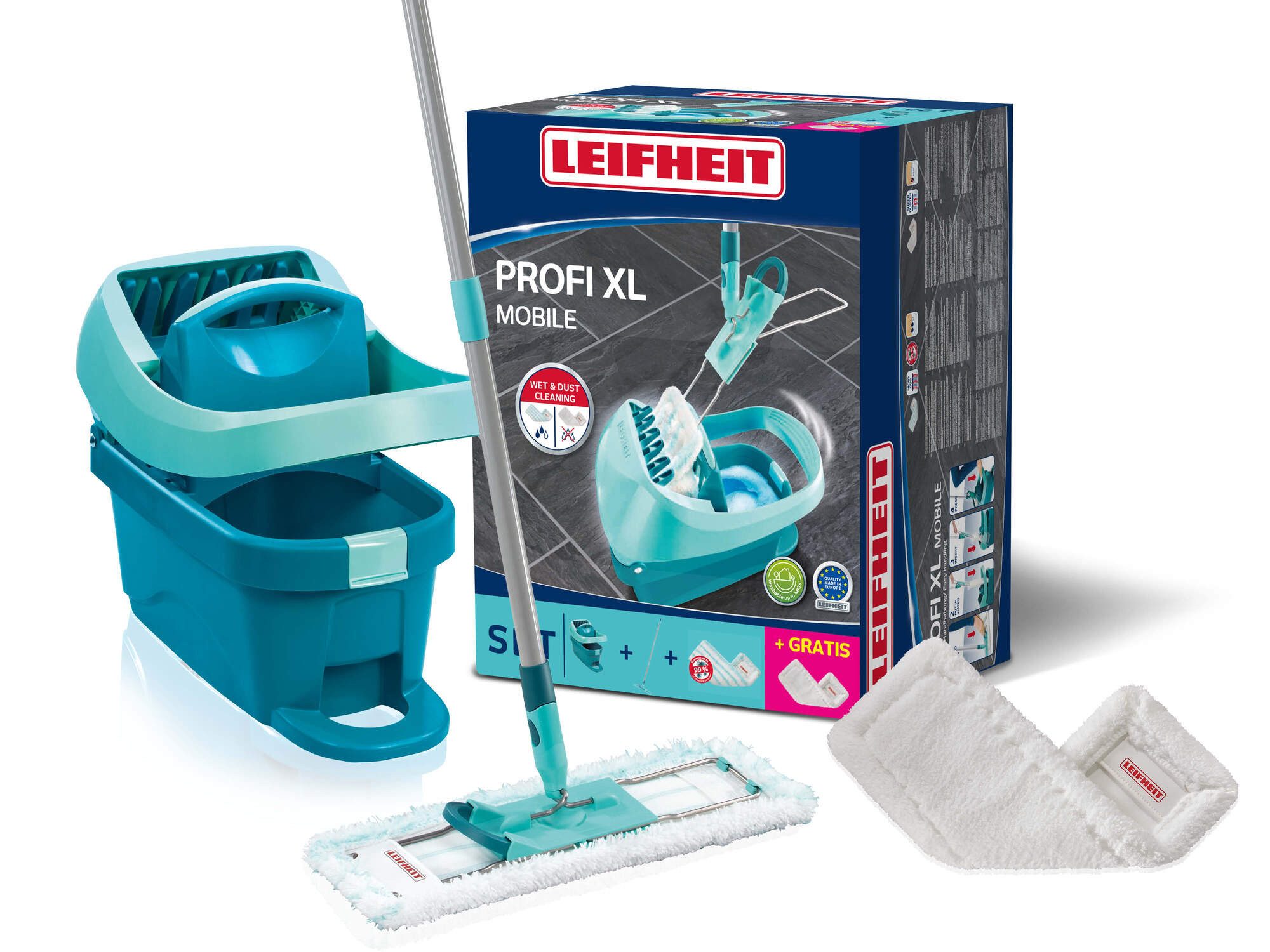 Leifheit Bodenwischer-Set Set Wischtuchpresse Profi XL mit Rollen, Bodenwischer mit micro duo Be, (5-St), Zwei Bezüge, für alle Böden, bis 400× maschinenwaschbar