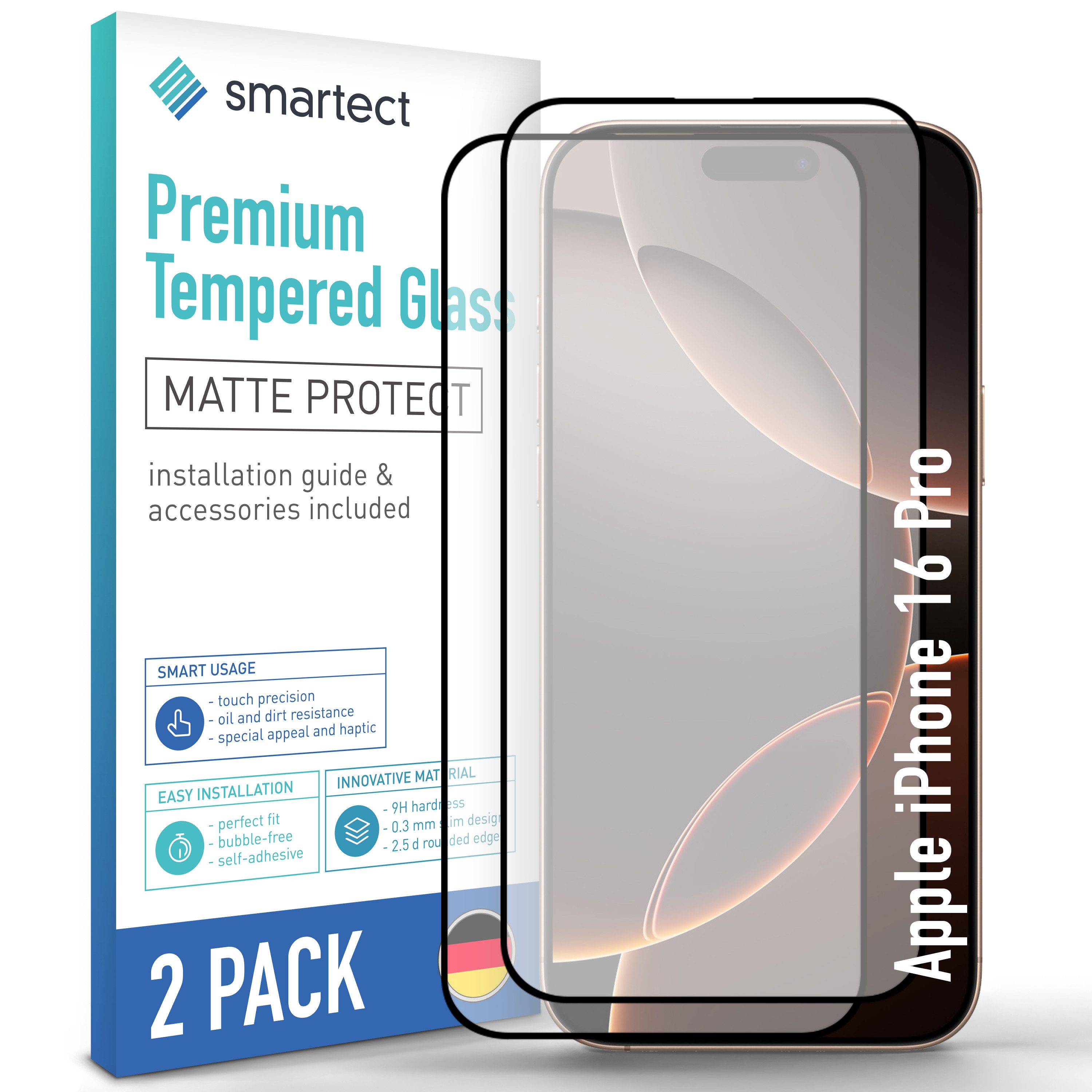 smartect Displayschutzglas Schutzglas Panzerfolie Full Screen Matt für iPhone 16 Pro, Set, 2 Stück, Schutzfolie Glasschutz Bildschirm