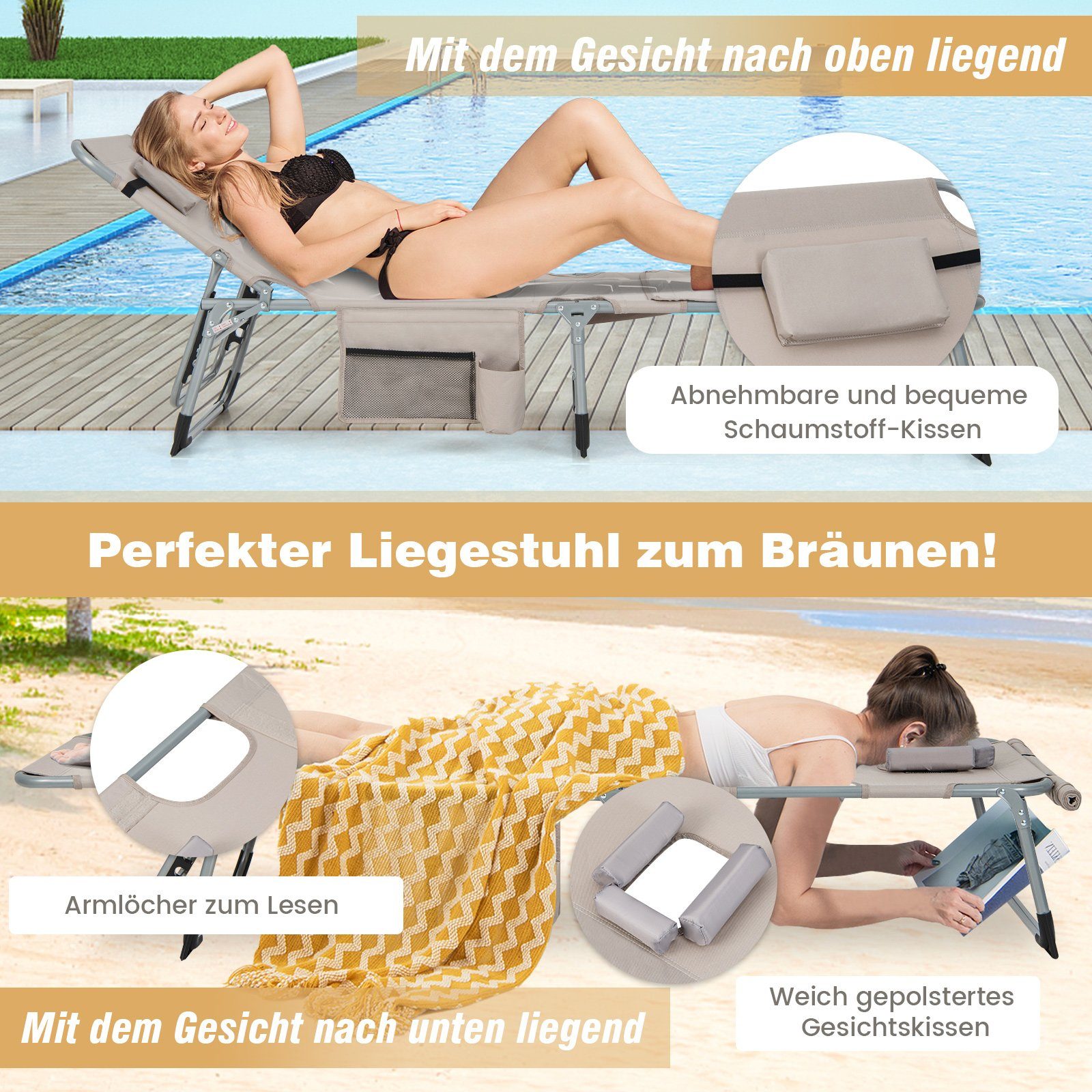 COSTWAY Gartenliege Sonnenliege, faltbar mit Kopfkissen, Alu