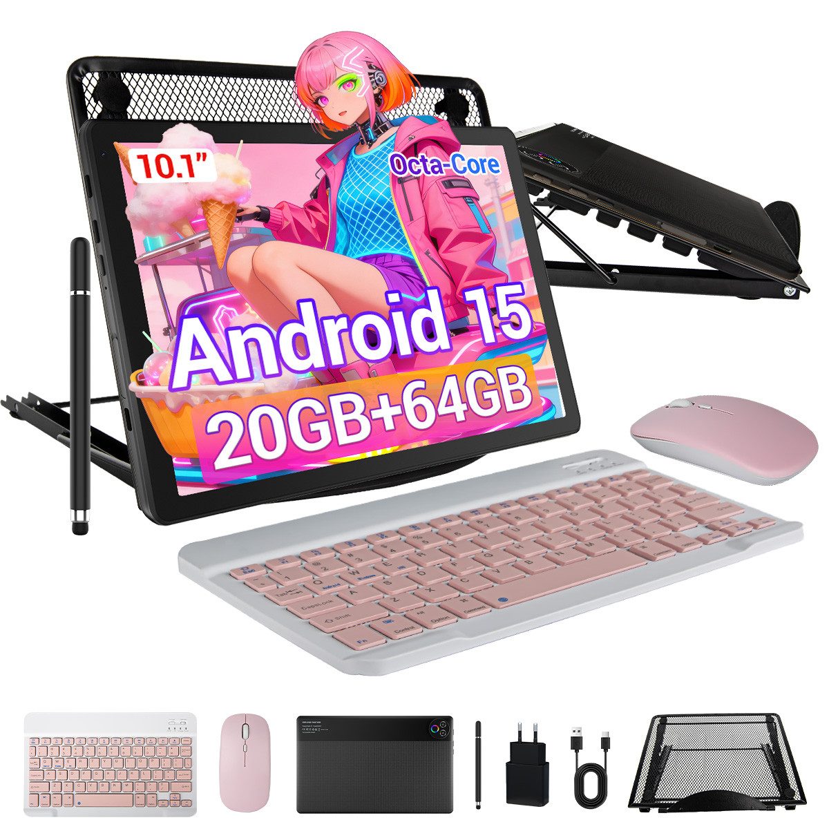 BUFO 10,1 Zoll 20(3+17)GB+64GB+1TB erweiterbar, Android 15, HD 1280x800 Tablet (10,1", 64 GB, Tablet mit Tastatur, Maus, Stift und Kühlerständer, WiFi 6)