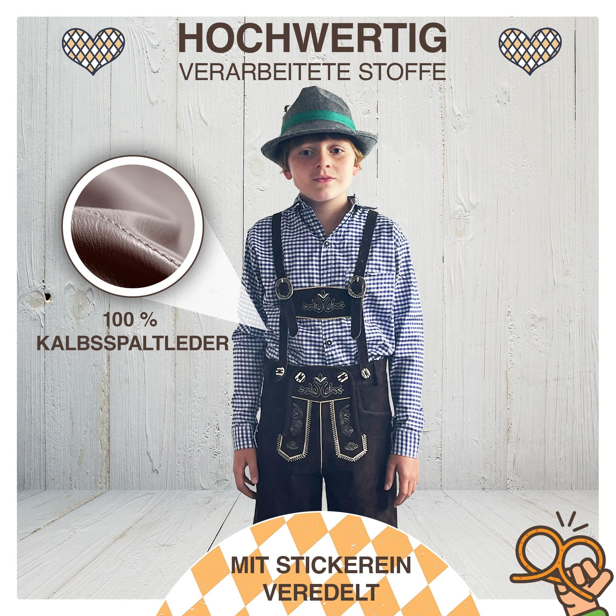 Trachterbahn Trachtenlederhose Kinderlederhose Tracht kurz braun Bestickt echtes Leder, Oktoberfest