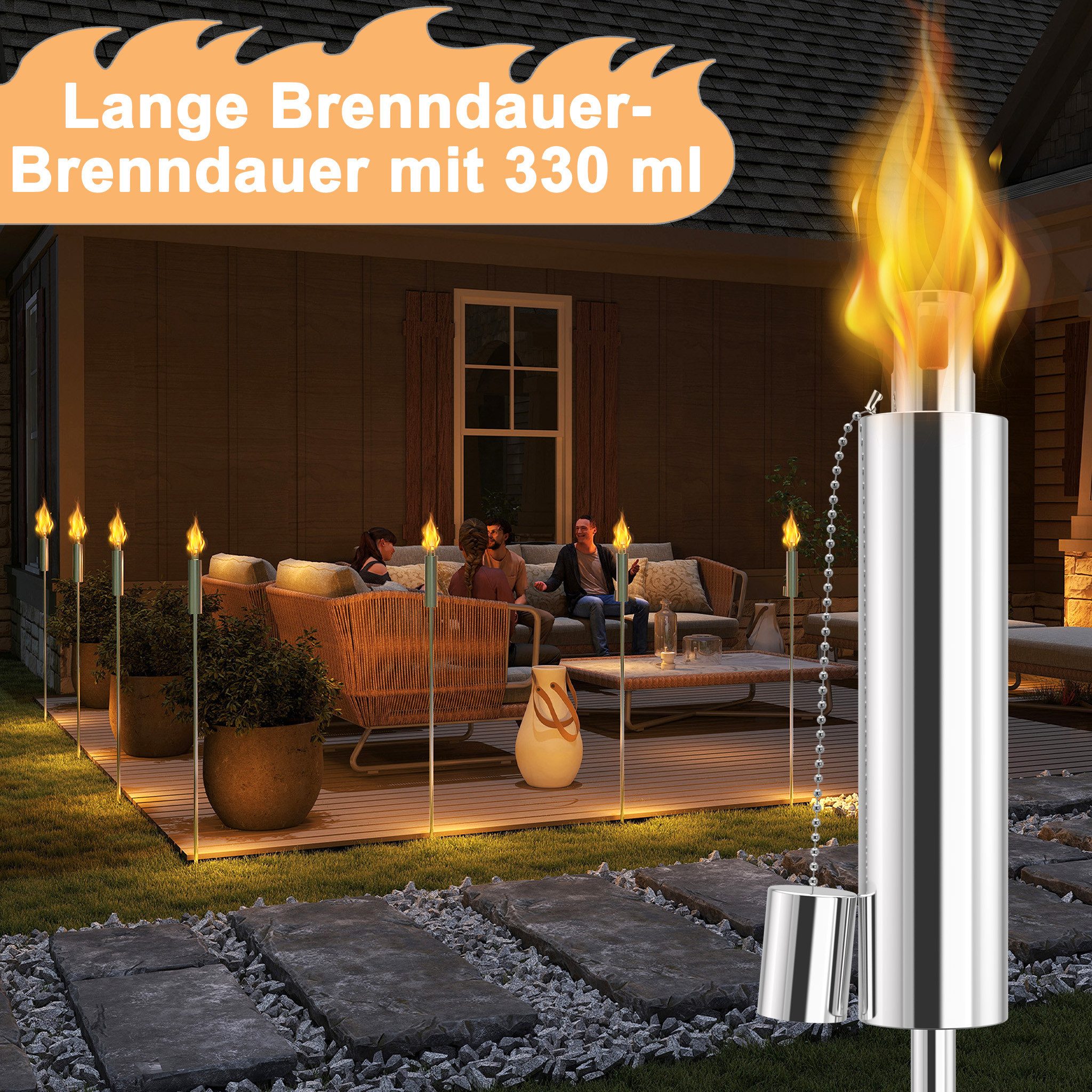 FIVMEN Gartenfackel 6 Edelstahl-Gartenfackeln Geeignet Öllampe mit Docht Tragbare Fackeln, für Garten, Terrasse, Camping – Bild 4 von 5