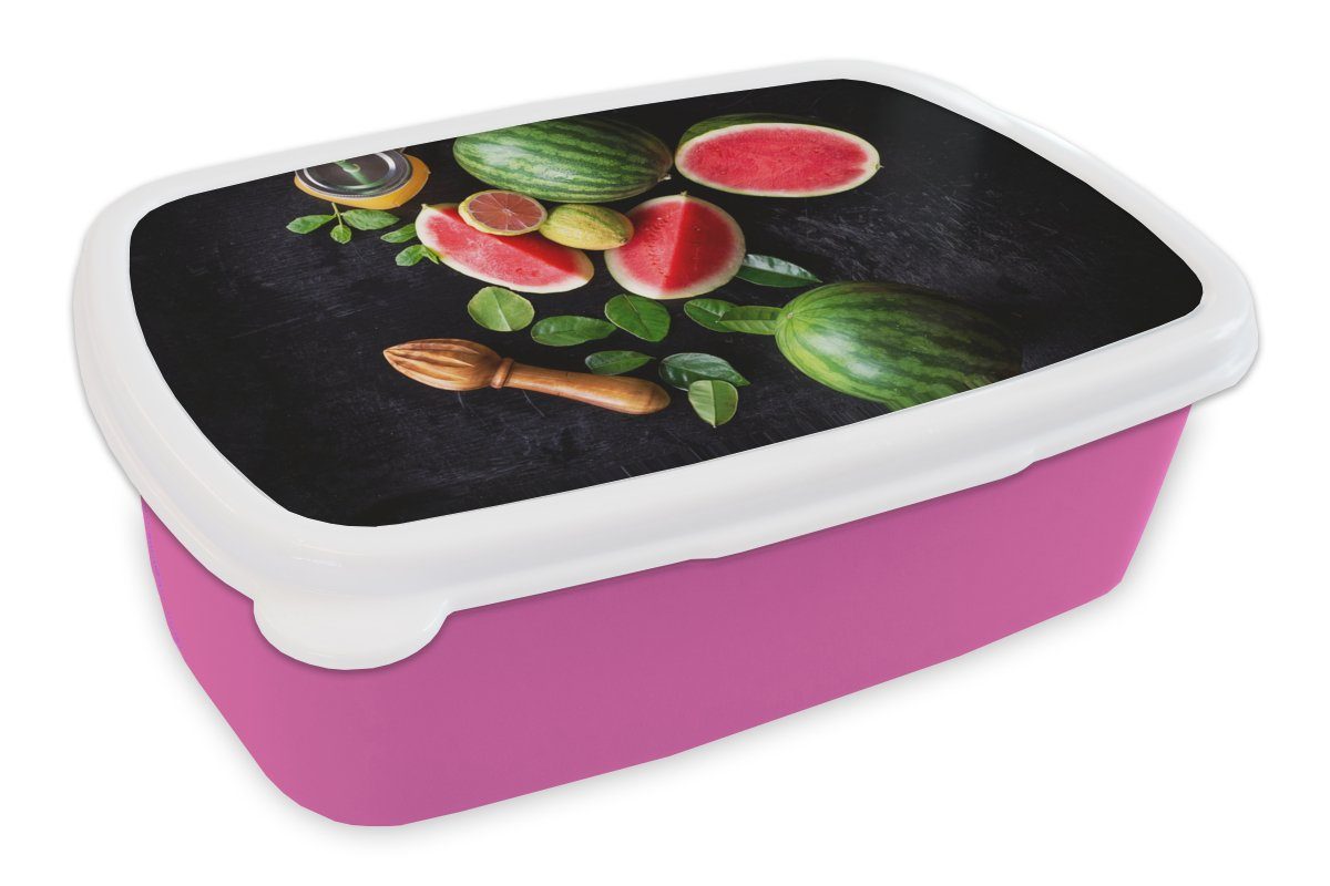 MuchoWow Lunchbox Wassermelone - Smoothie - Obst - Zitronenpresse, Kunststoff, (2-tlg), Brotbox für Erwachsene, Brotdose Kinder, Snackbox, Mädchen, Kunststoff rosa